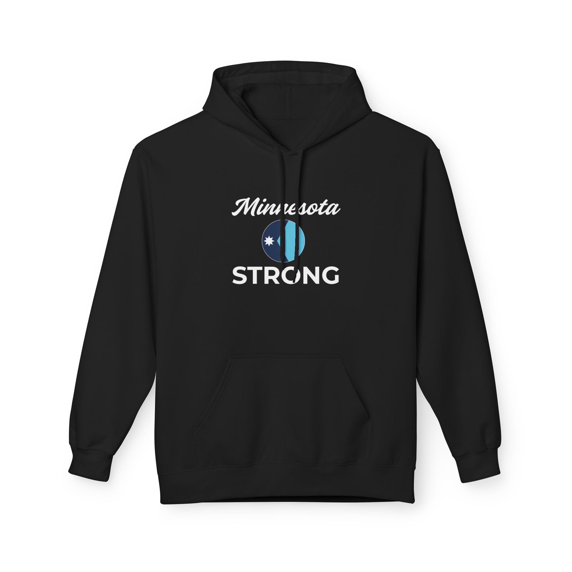 Black pullover hoodie featuring Minnesota Strong with a two-tone circular graphic, kangaroo pocket, and drawstring hood, exemplifying community pride and comfort.