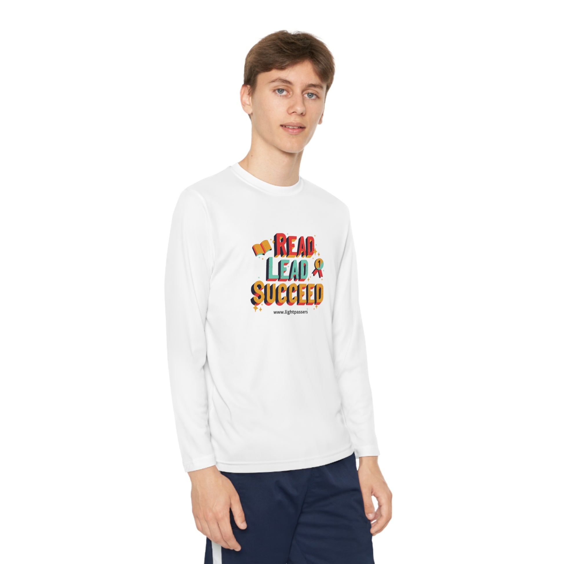 Youth wearing 'Read Lead and Succeed' long sleeve t-shirt, showcasing its athletic fit and moisture-wicking fabric, ideal for active book enthusiasts.