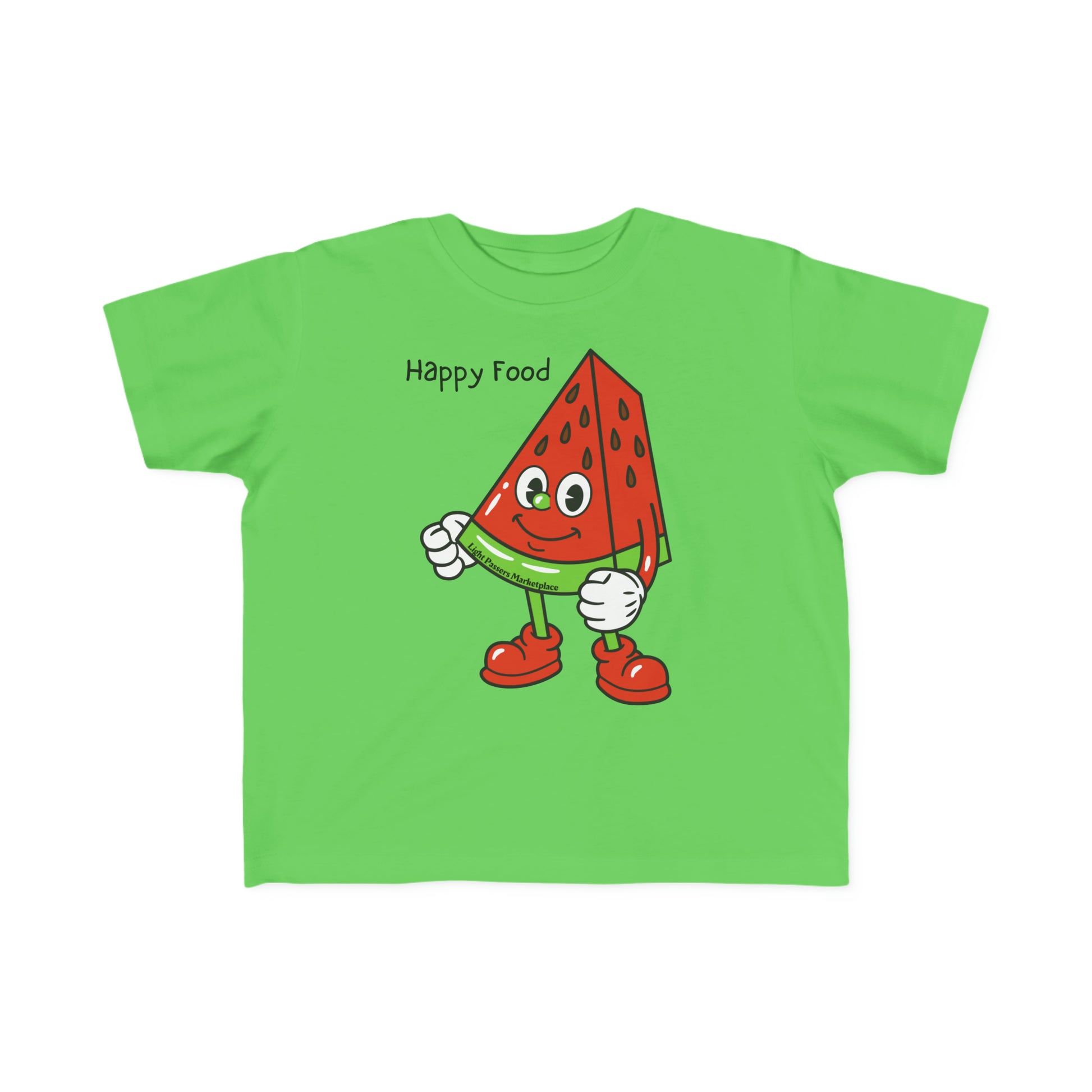 A green toddler t-shirt featuring a cartoon watermelon character, ideal for sensitive skin. Made of 100% combed cotton, light fabric, durable print, tear-away label, and a classic fit.