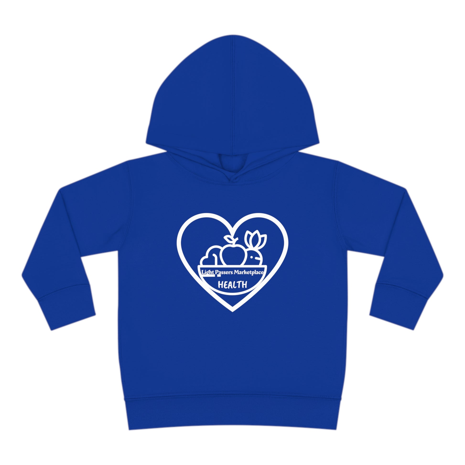 A Fruit Basket Toddler Hoodie with heart and apple logo design, jersey-lined hood, double-needle stitching, cover-stitched details, side seam pockets, and EasyTear™ label for comfort and durability.