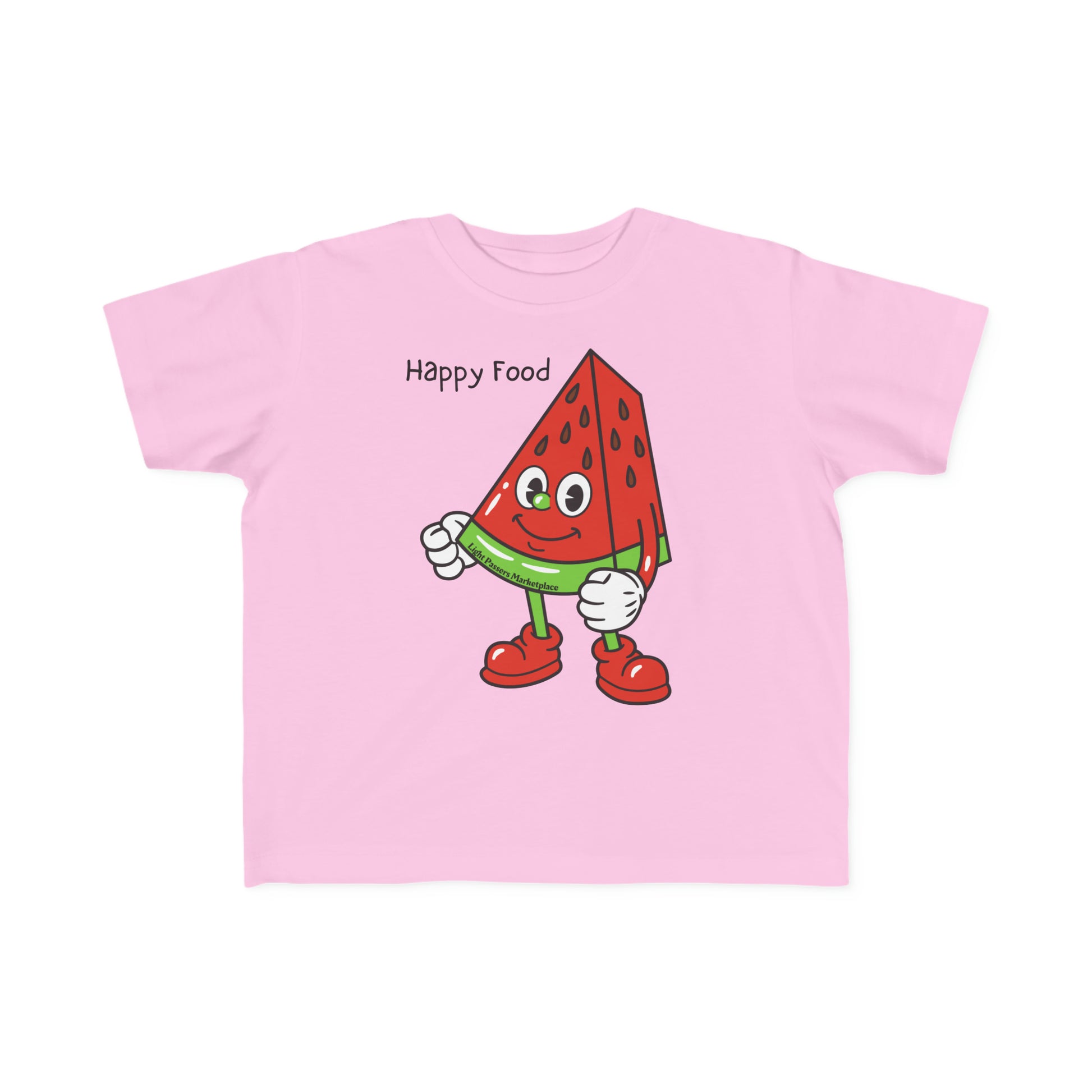 A toddler's tee featuring a cartoon watermelon character holding a sign. Made of soft, durable 100% combed cotton, light fabric, tear-away label, and a classic fit.