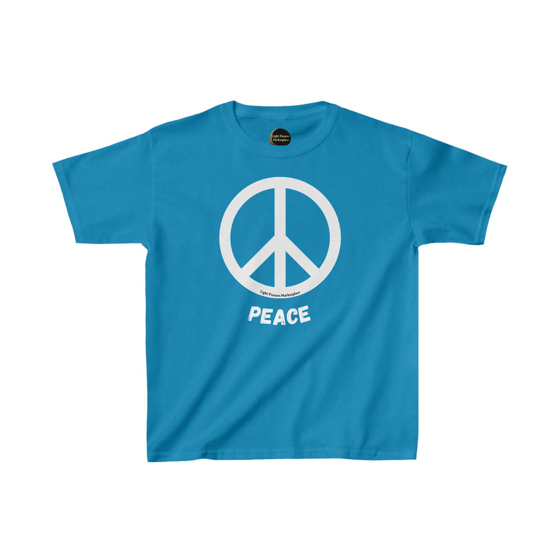 Youth blue t-shirt featuring a peace sign symbol. Made of 100% cotton for comfort and durability. Ribbed collar, tear-away labels, and ethical US cotton construction.