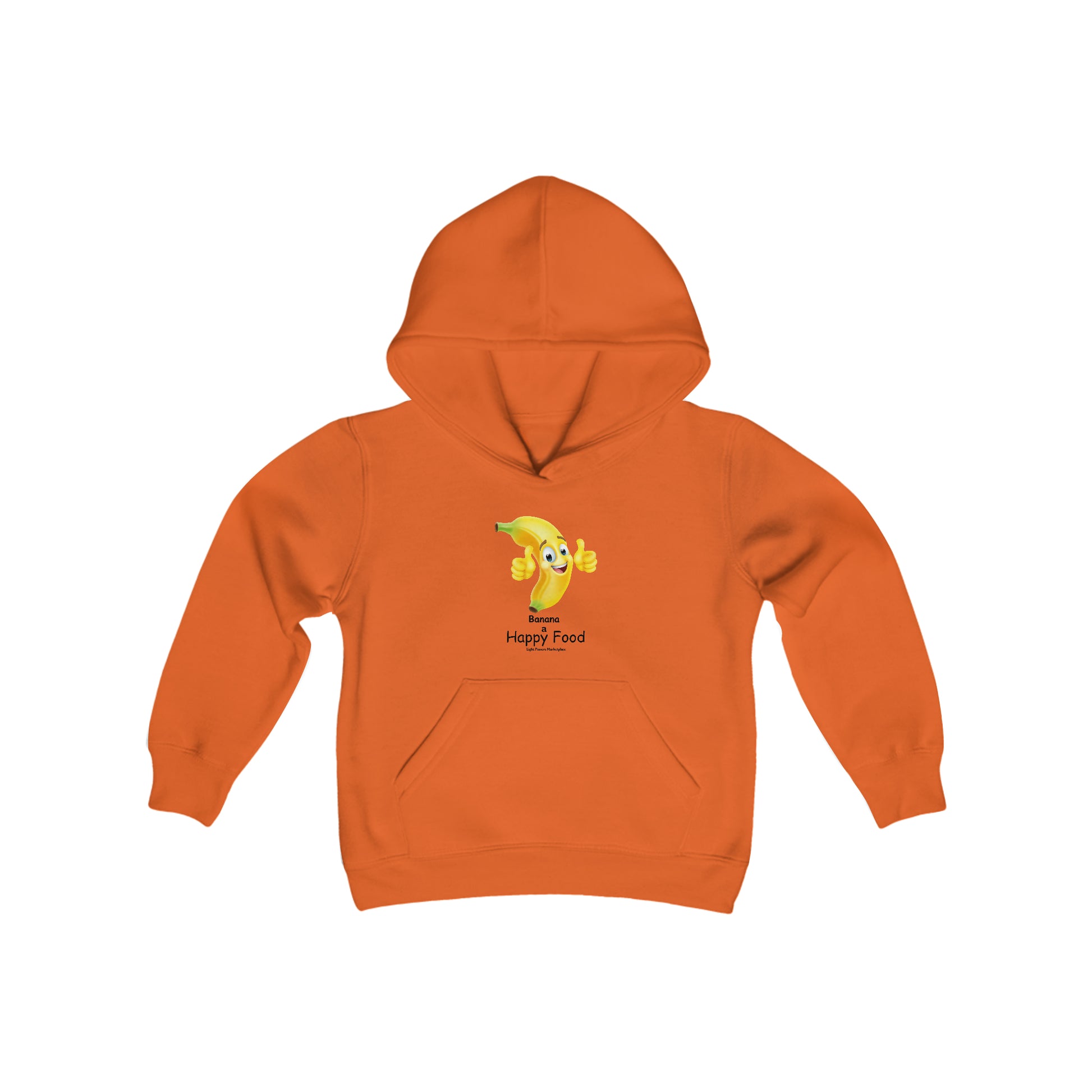 A youth blend hooded sweatshirt featuring a cheerful banana design, with a kangaroo pocket and reinforced neck. Made of 50% cotton, 50% polyester for comfort and print quality.