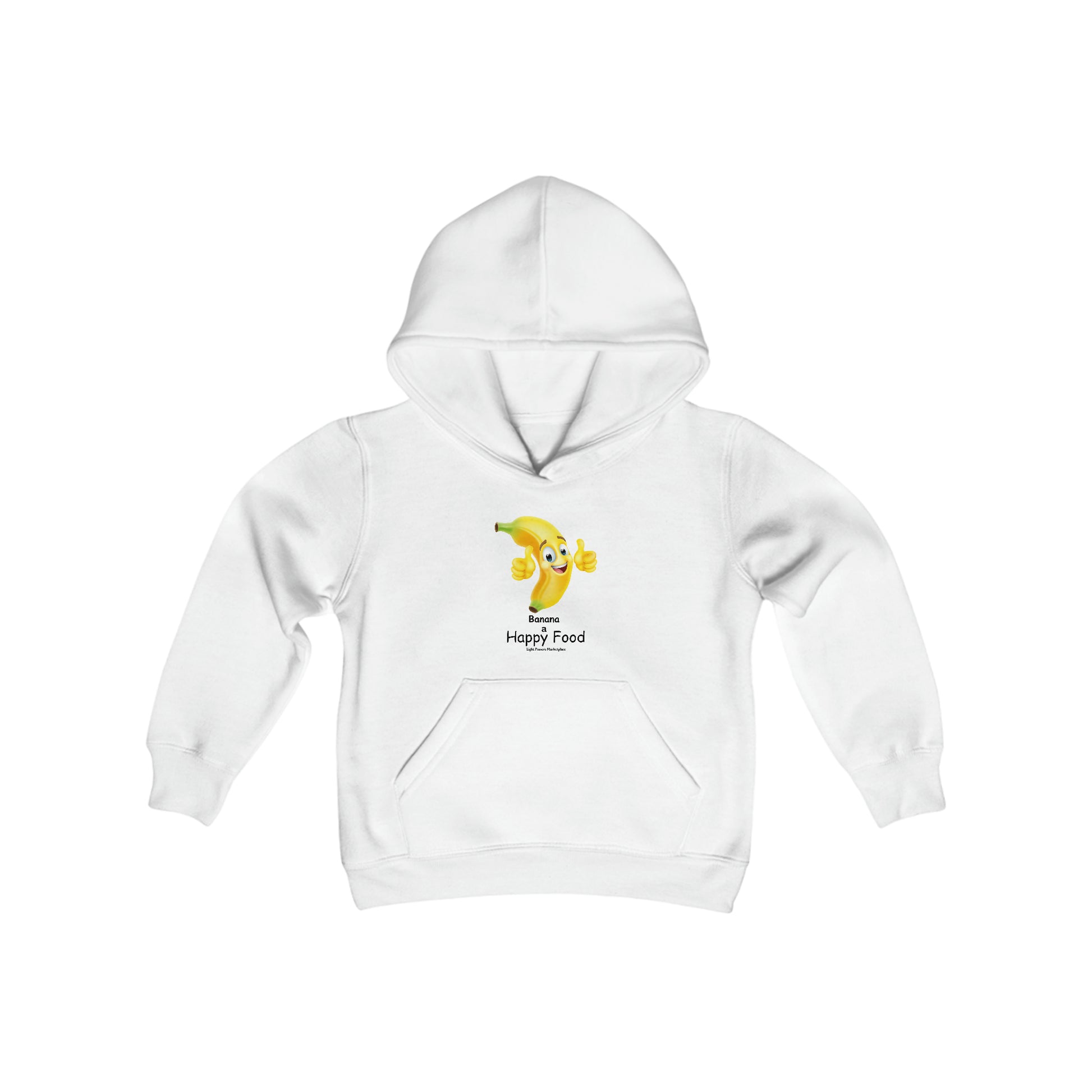 A white youth hooded sweatshirt featuring a cartoon banana with a smiling face and thumbs up. Made of soft, preshrunk fleece with kangaroo pocket and twill taping.