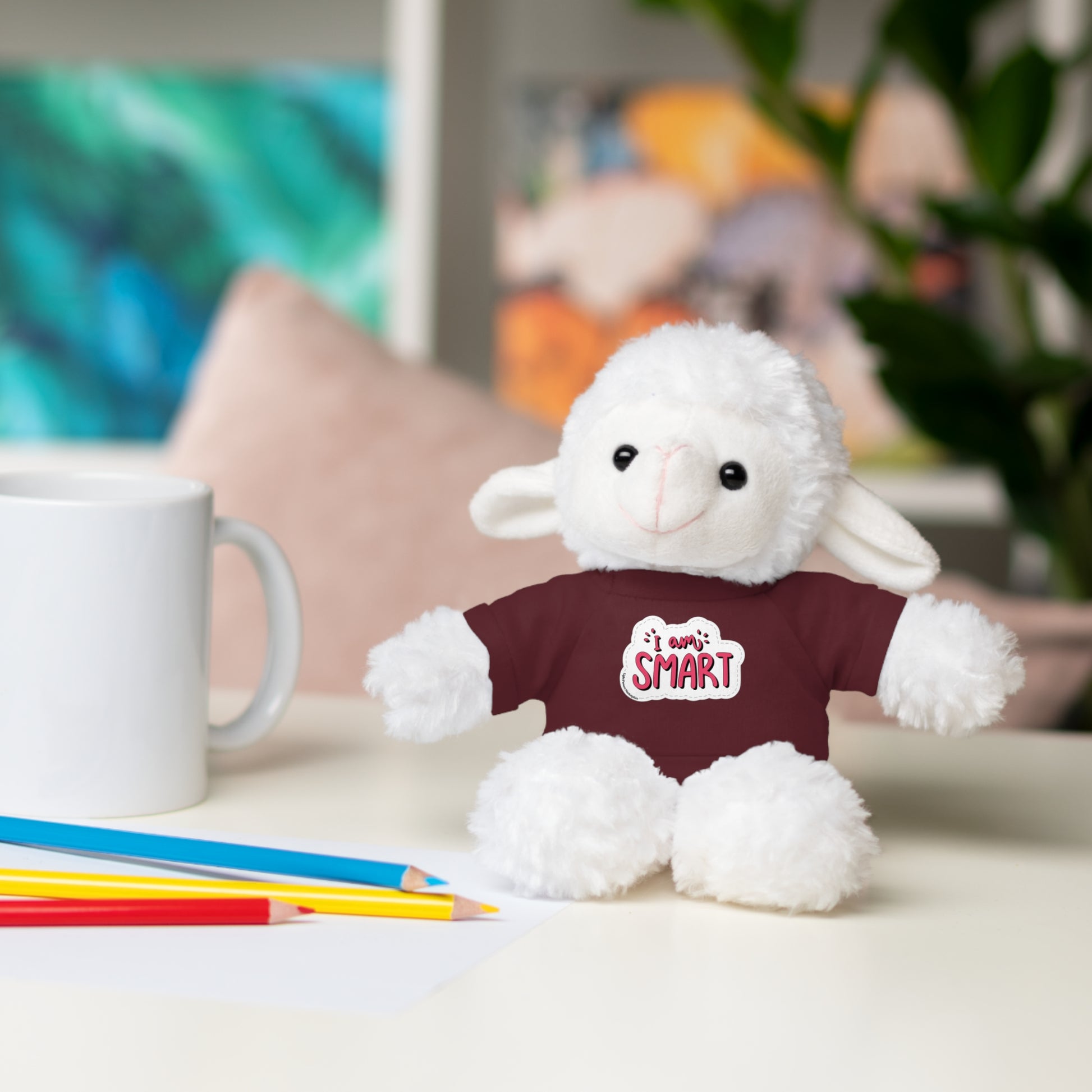 Six plush animals, each 8 tall, wear removable 'I am Smart' T-shirts, including Bear, Sheep, Bunny, Jaguar, Panda, and Lion. Perfect educational toys.
