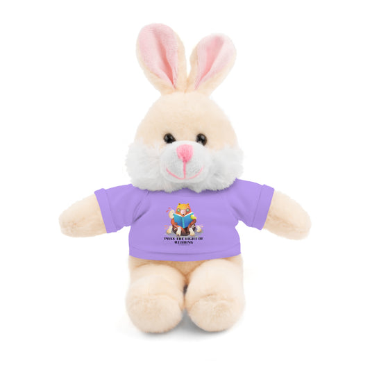 Stuffed Bunny with 'Pass the Light of Reading' shirt, perfect for kids who love reading and cuddling. Ideal gift for special occasions.