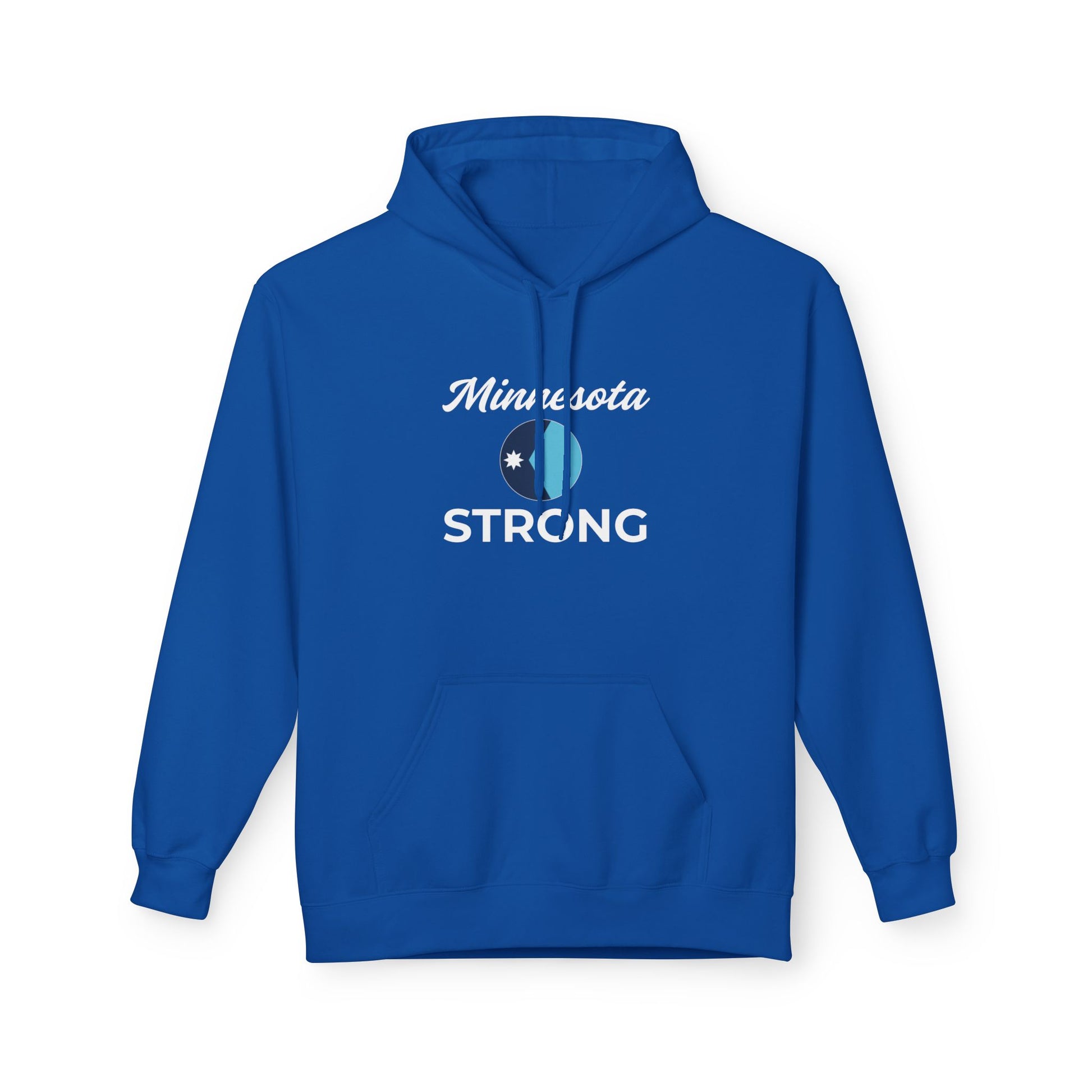 Royal-blue hoodie with Minnesota and STRONG emblem, featuring a star and water-drop detail, kangaroo pocket, and drawstring hood.