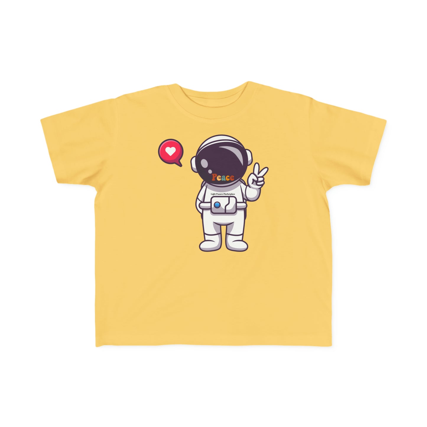 A yellow toddler t-shirt featuring a cartoon astronaut making a peace sign. Soft and durable with a high-quality print, perfect for sensitive skin and first adventures.