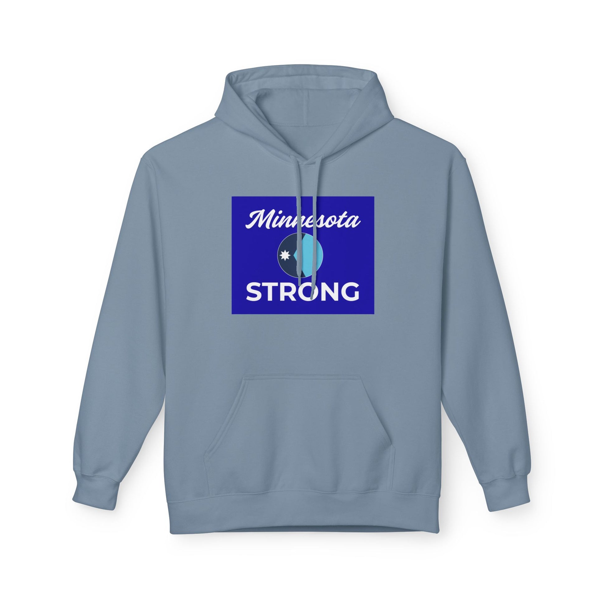 Powder-blue hoodie with Minnesota Strong graphic, featuring a kangaroo pocket and drawstring hood, embodying resilience and style.