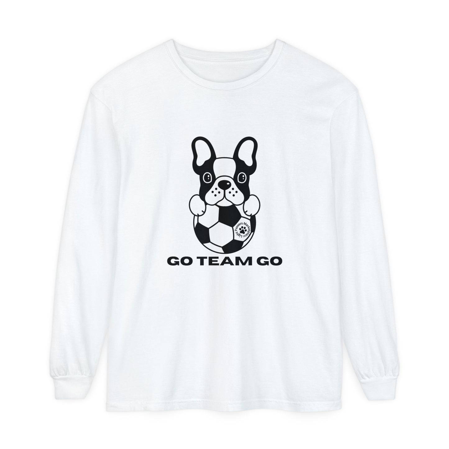 Teams Soccer Dog Adult Unisex Garment-dyed Long Sleeve features a black and white dog with a football on a soft, relaxed-fit white shirt.