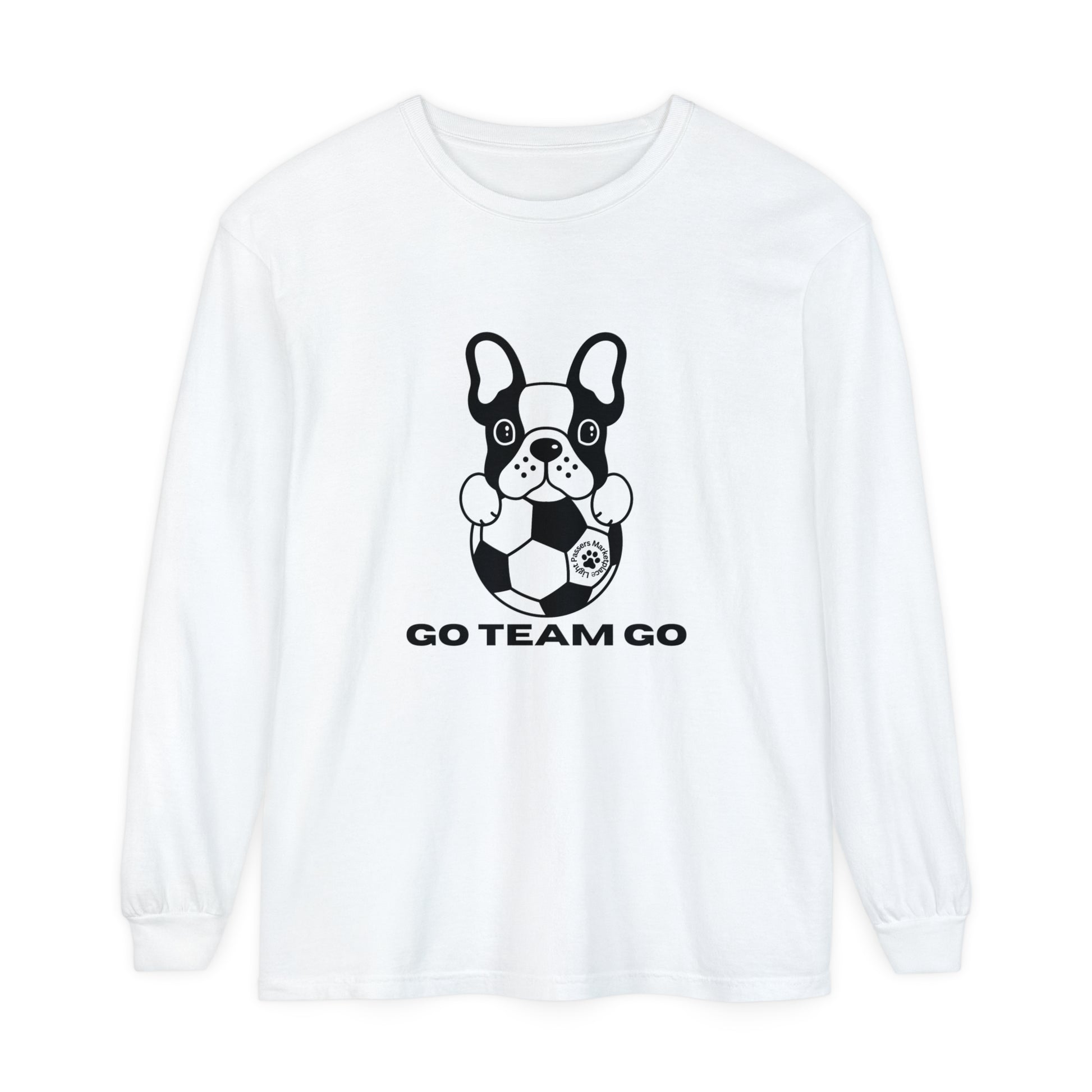 Teams Soccer Dog Adult Unisex Garment-dyed Long Sleeve features a black and white dog with a football on a soft, relaxed-fit white shirt.