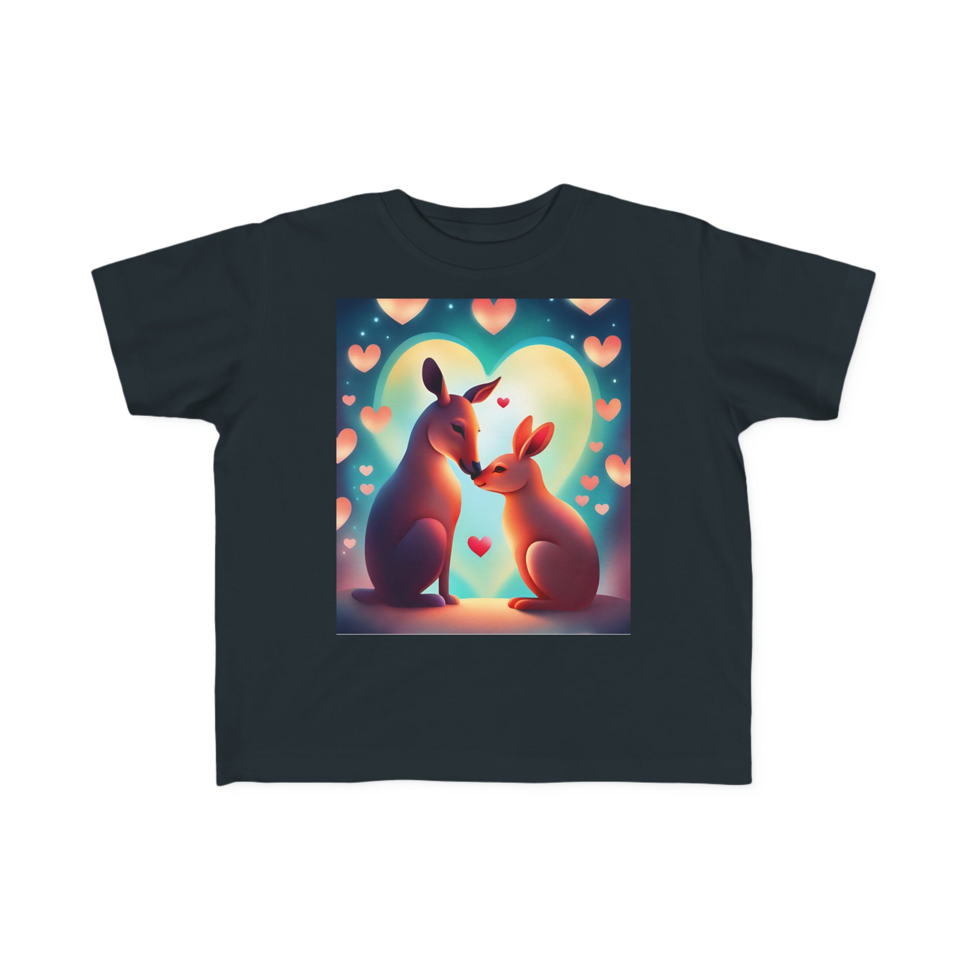 A toddler's tee featuring two kangaroos in love, one kissing a baby kangaroo, and a pink kangaroo with a heart. Made of 100% combed cotton, light fabric, and a tear-away label.