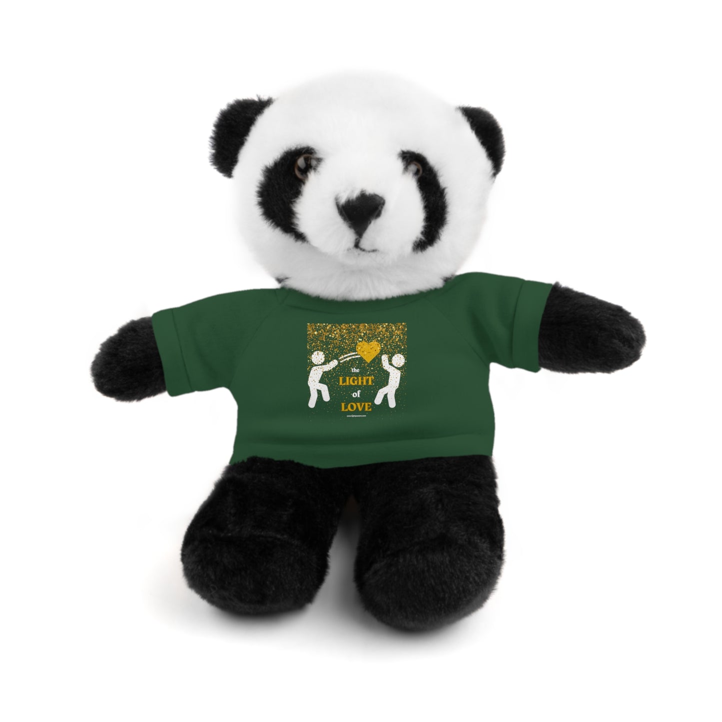 Stuffed panda bear in green shirt, part of Toss the Light of Love Gold Heart 6 animals collection, 8 tall, polyester filled, cotton tee.