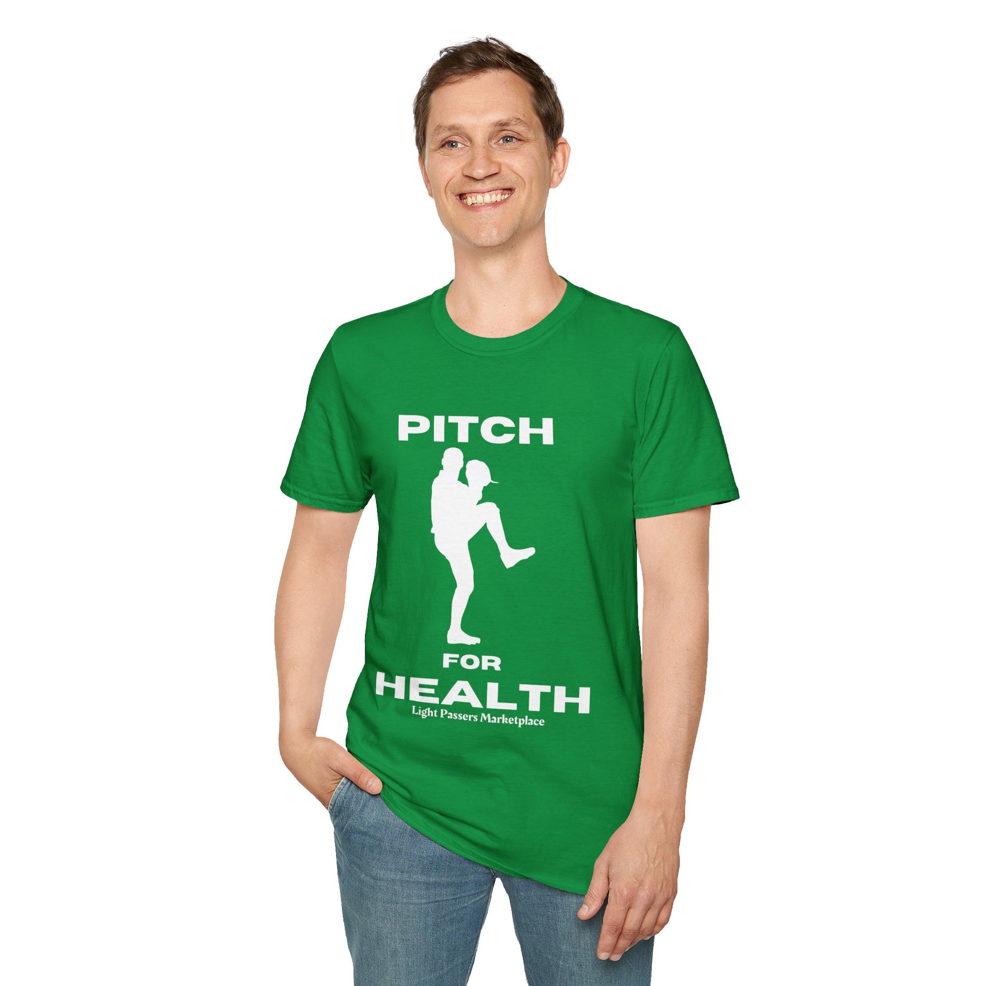 A person in a green shirt smiles, showcasing the Pitch for Health Unisex T-Shirt. Made of soft 100% cotton, featuring twill tape shoulders for durability, and a clean crew neckline for versatile style.