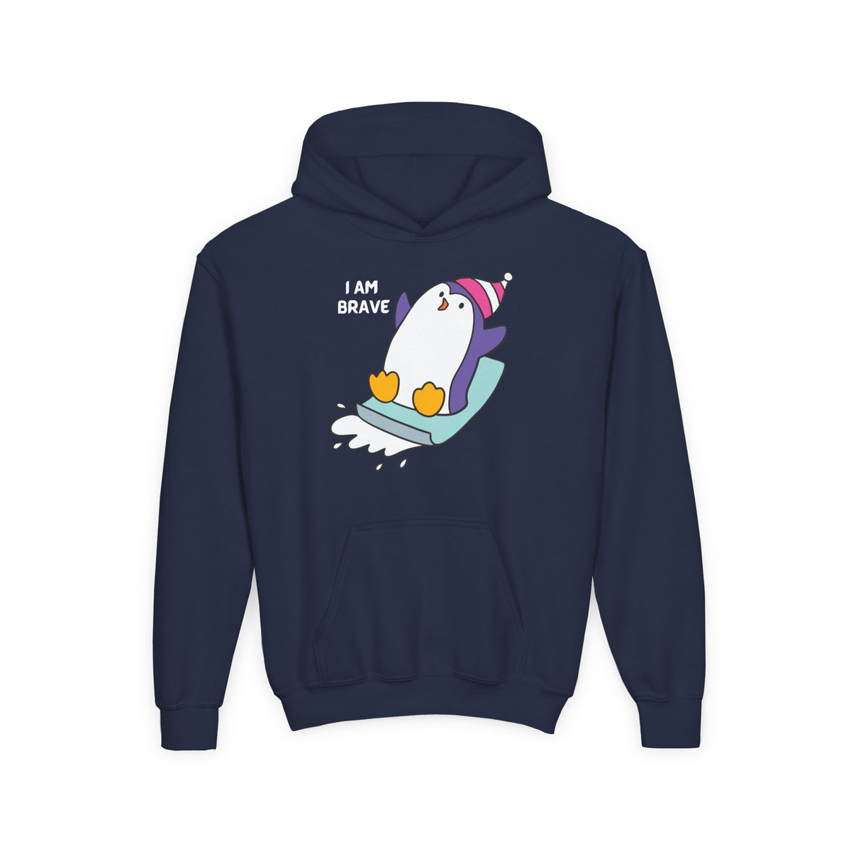 Brave Penguin Youth Hoodie – Cute Sledding Penguin "I Am Brave" Kids Sweatshirt