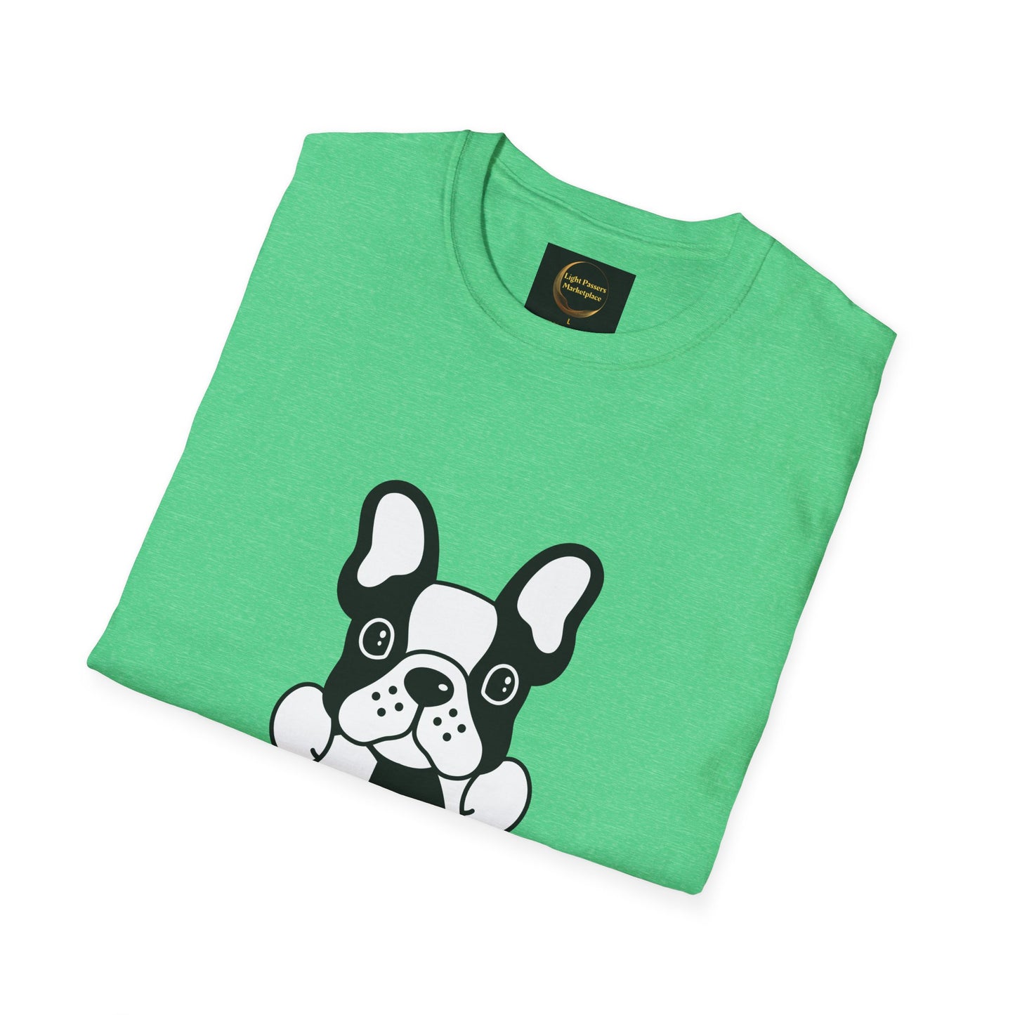 Soccer Dog Unisex T-Shirt features a light-green, soft-style fabric with a black-and-white French bulldog cartoon design, emphasizing casual comfort and durability.