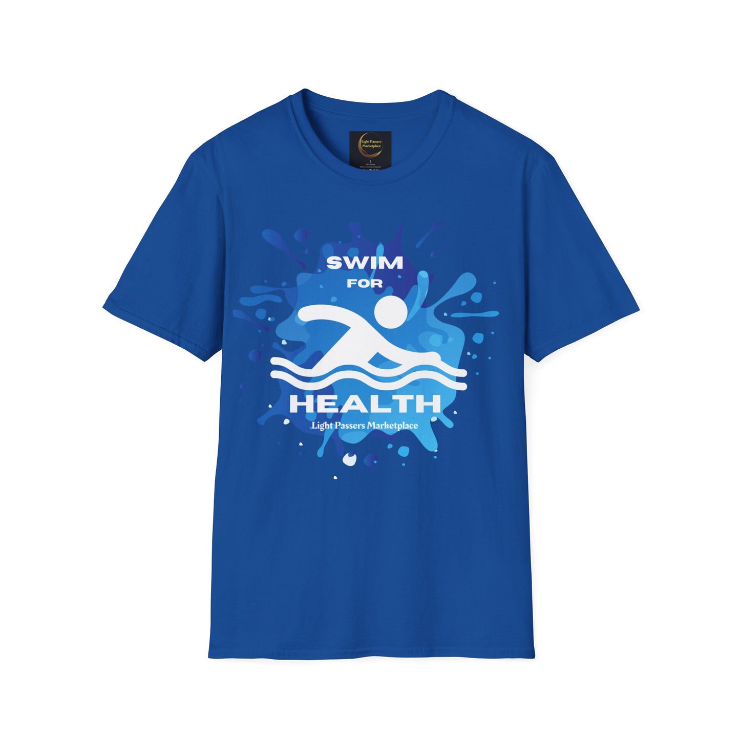 A blue unisex t-shirt featuring a white swimmer graphic. Made of soft 100% ring-spun cotton, with twill tape shoulders for durability and a ribbed collar. Ethically sourced and Oeko-Tex certified.