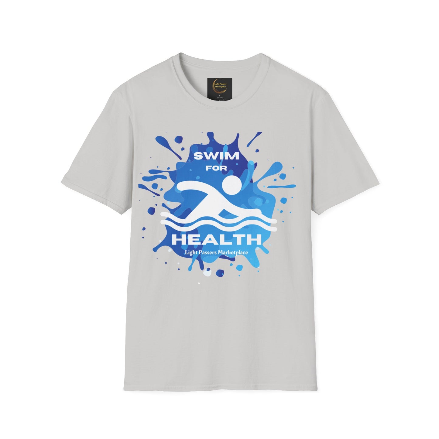 A unisex soft-style t-shirt featuring a swimmer logo and blue paint splashes. Made of 100% ring-spun cotton, with twill tape shoulders and a ribbed collar. Ethically produced by Gildan.