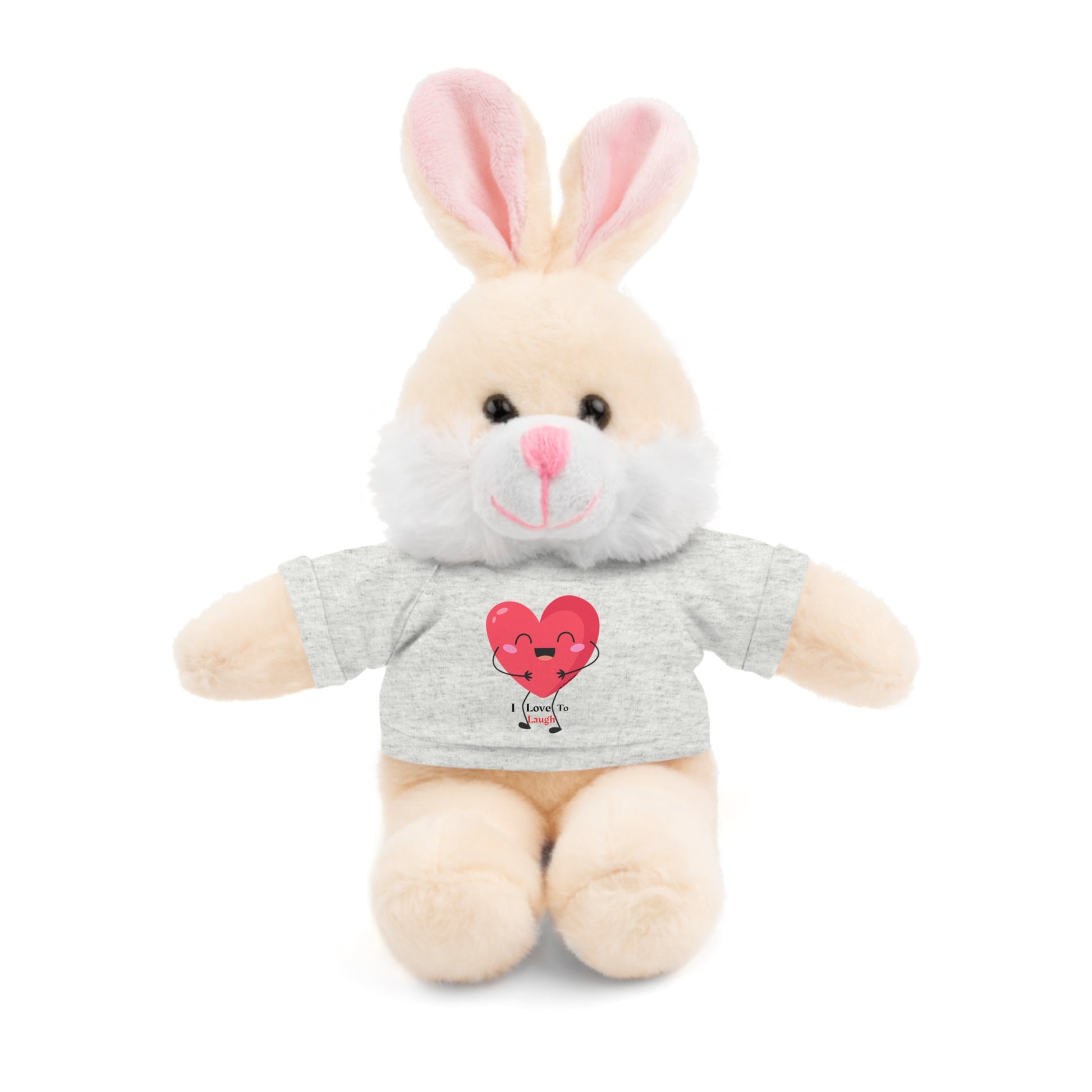 Stuffed animal rabbit in a removable I Love to Laugh shirt, part of Cool Stuff Stuffies' collection featuring six animal choices and customizable t-shirts.
