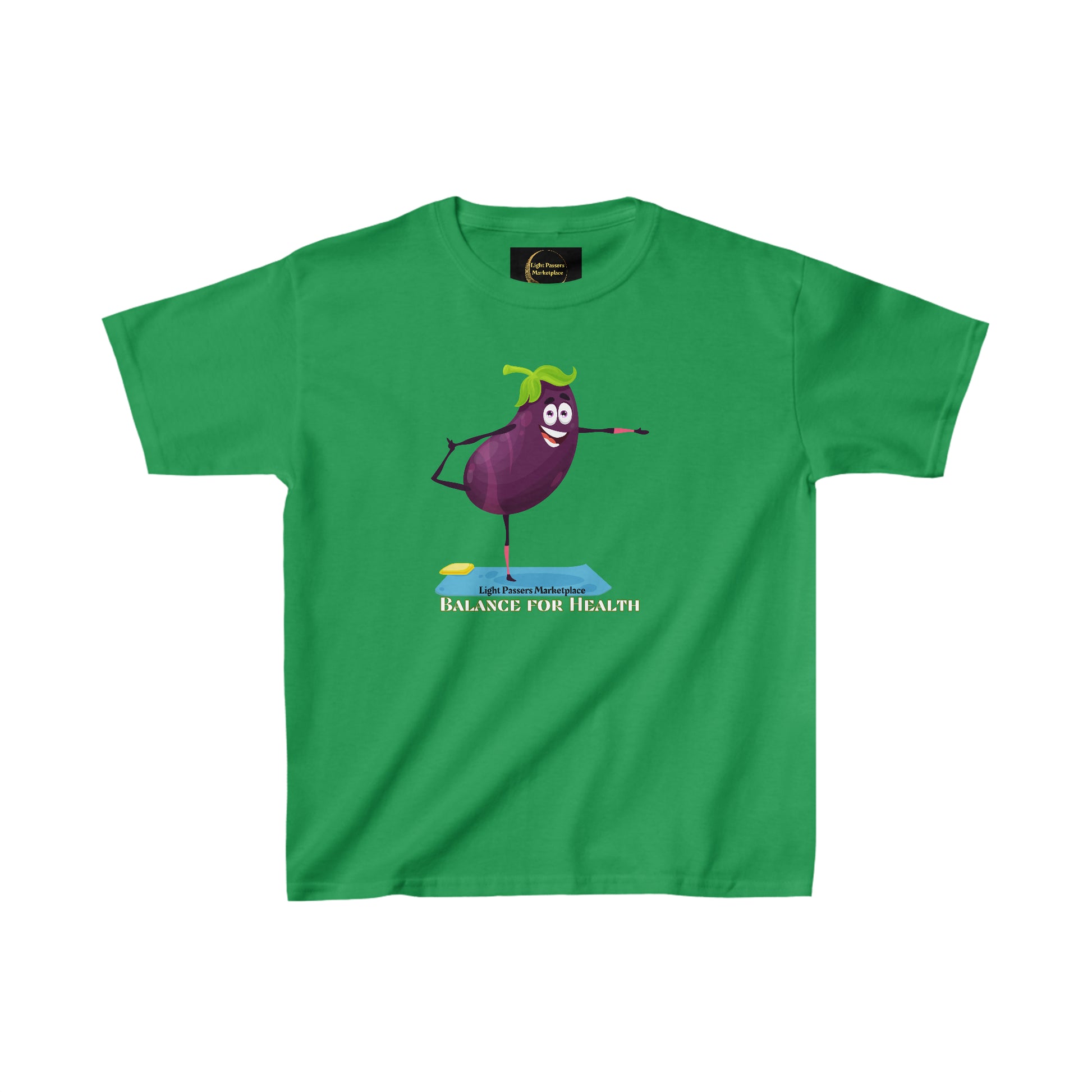 A green youth t-shirt featuring a cartoon eggplant balancing on one leg, made of 100% cotton with twill tape shoulders for durability and a curl-resistant collar. Ethically sourced and Oeko-Tex certified.