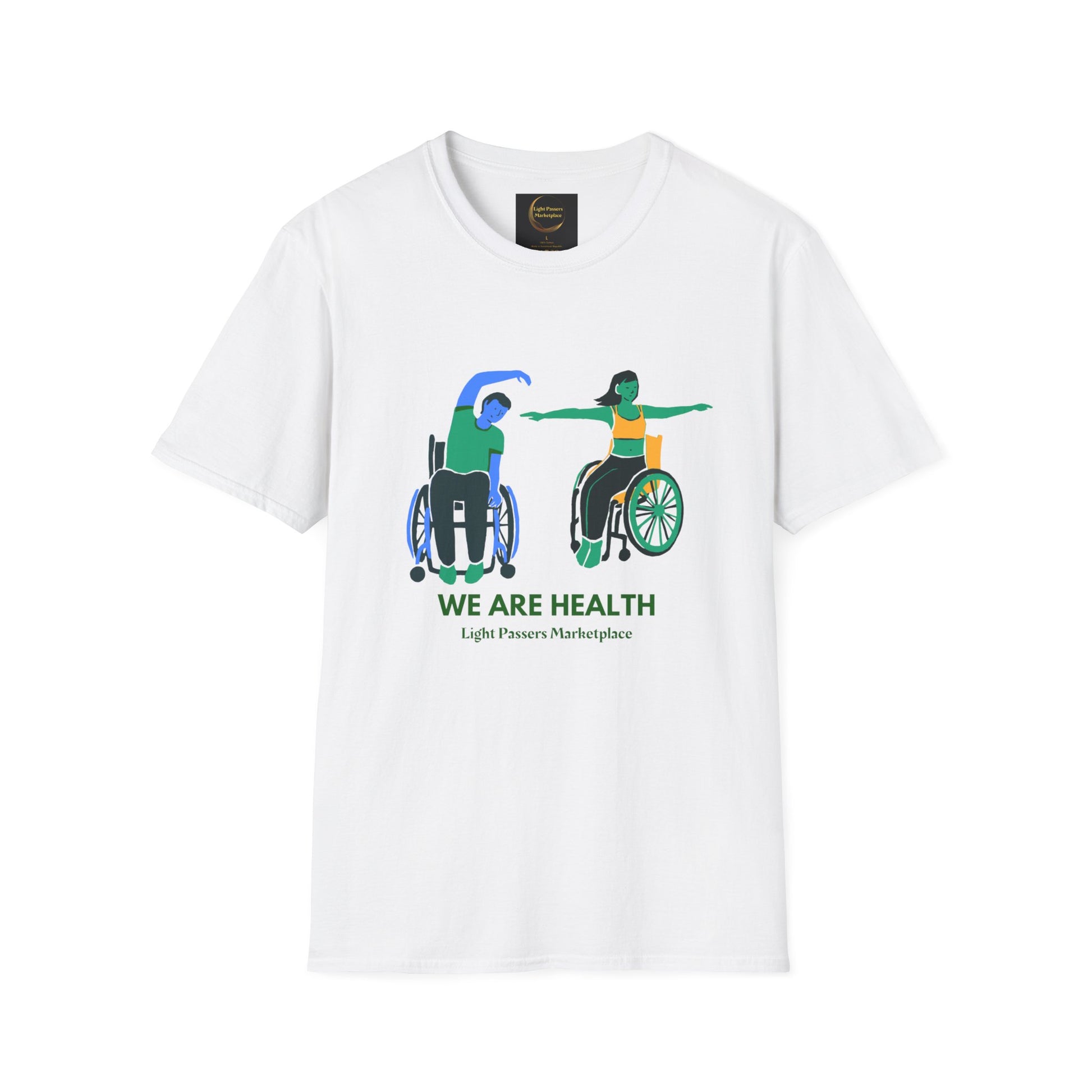 A white unisex t-shirt featuring a person in a wheelchair, made of soft 100% cotton with twill tape shoulders for durability. Ethically sourced and lightweight for year-round comfort.