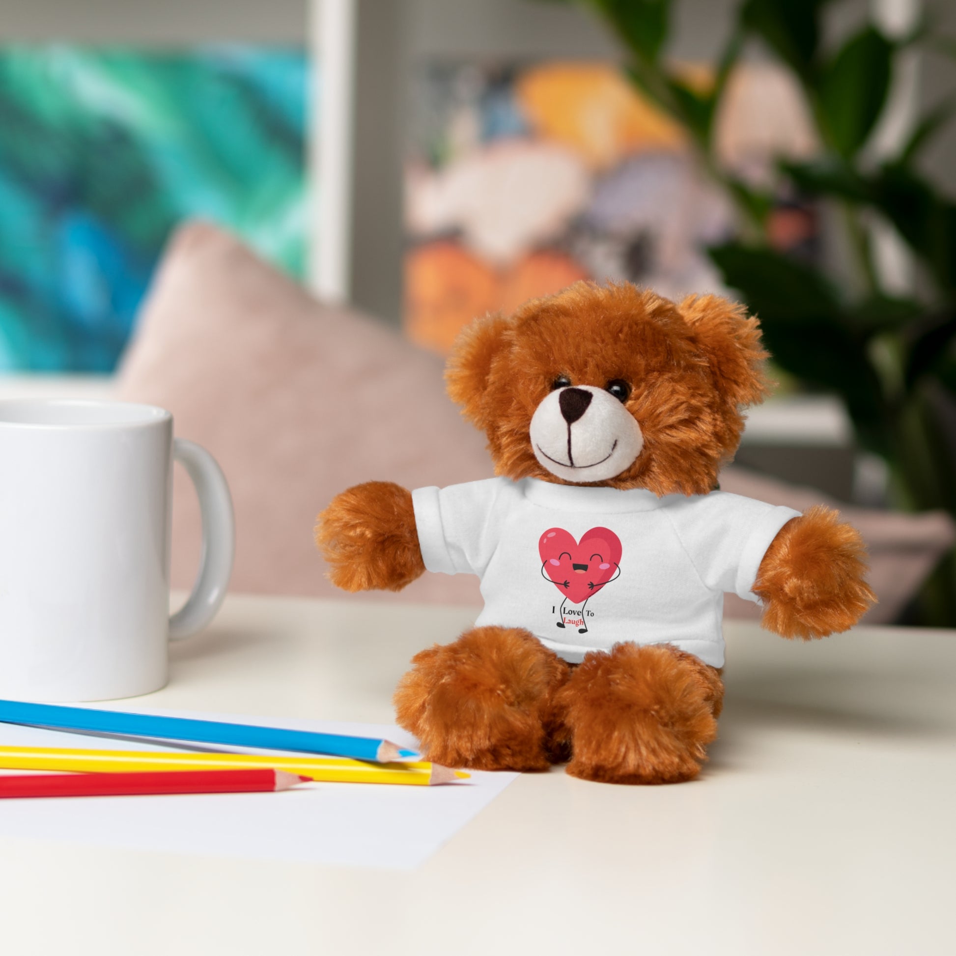 Cool Stuff Stuffies plush toy with a customizable I Love to Laugh t-shirt, available as Bear, Sheep, Bunny, Jaguar, Panda, or Lion, 8 tall.