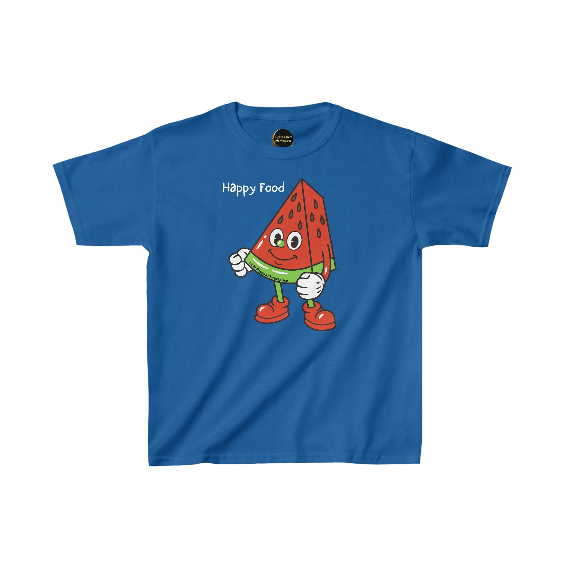 A blue youth t-shirt featuring a cartoon watermelon character, made of 100% cotton with twill tape shoulders for durability. Ethically produced by Gildan with a classic fit and tear-away labels.