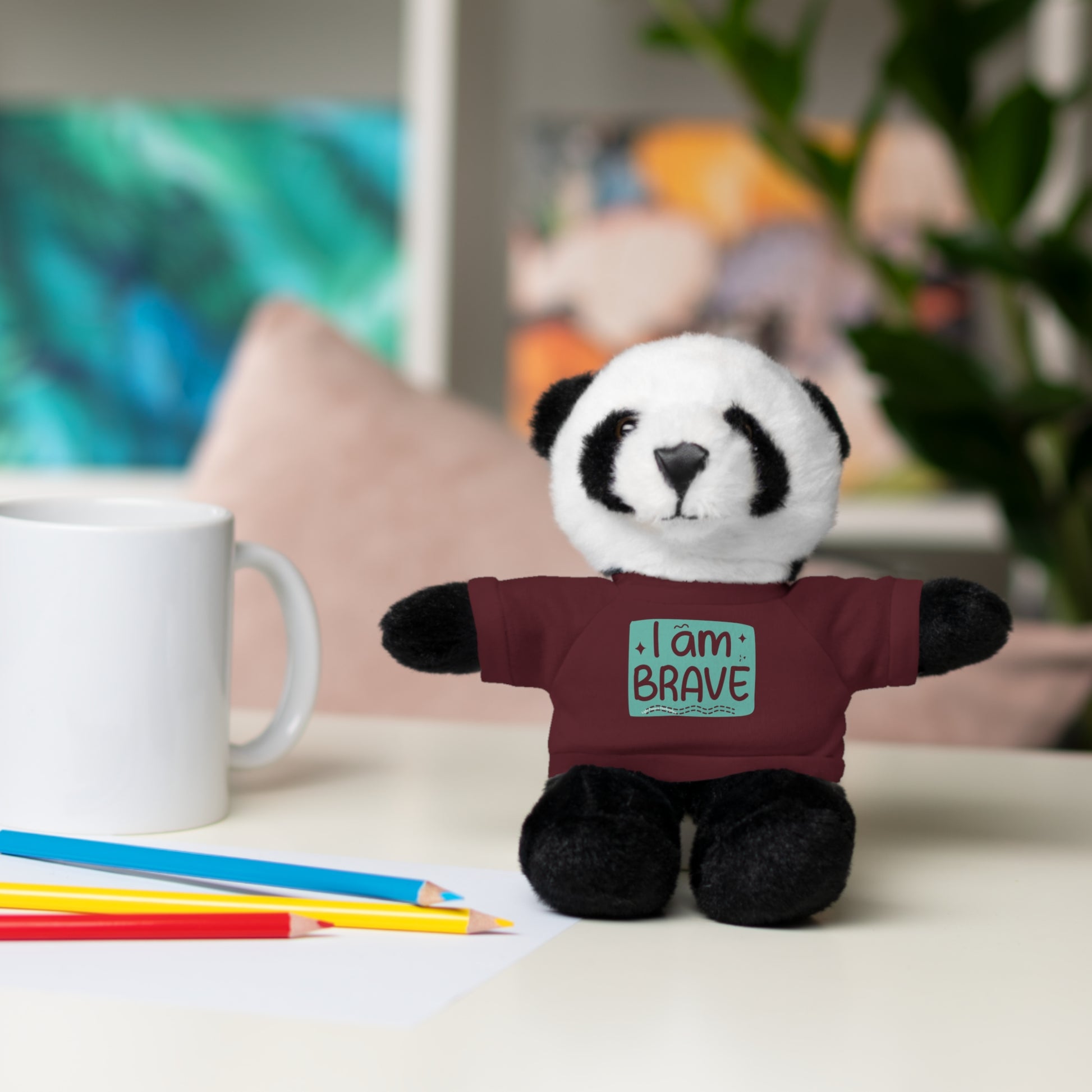 Stuffed panda bear with customizable tee, featuring I am Brave message, part of Cool Stuff Stuffies collection, designed for comfort and joy.