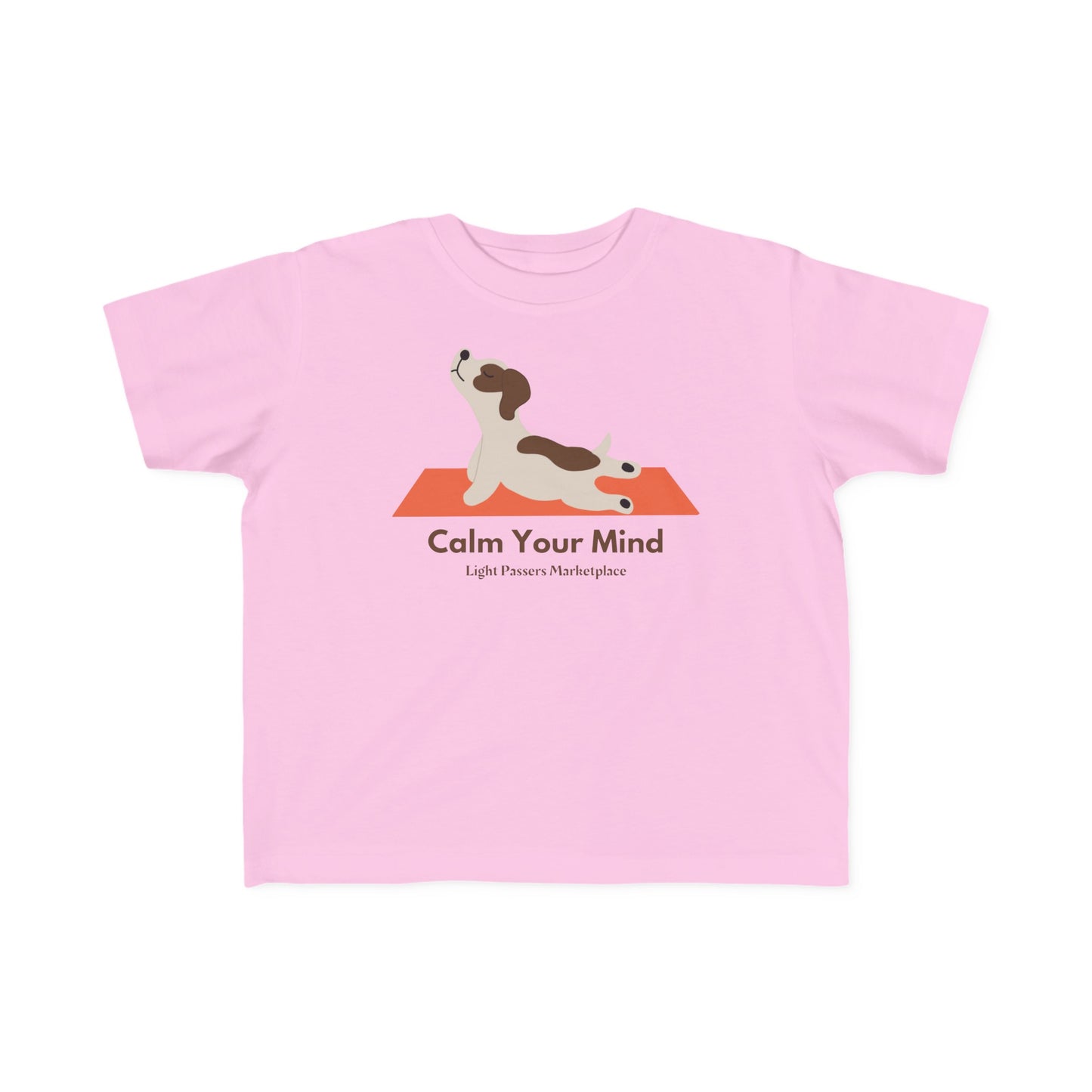 A toddler's Calm Dog T-shirt in pink, featuring a dog print, ideal for sensitive skin. Made of 100% combed cotton, light fabric, with a durable print, tear-away label, and a classic fit.