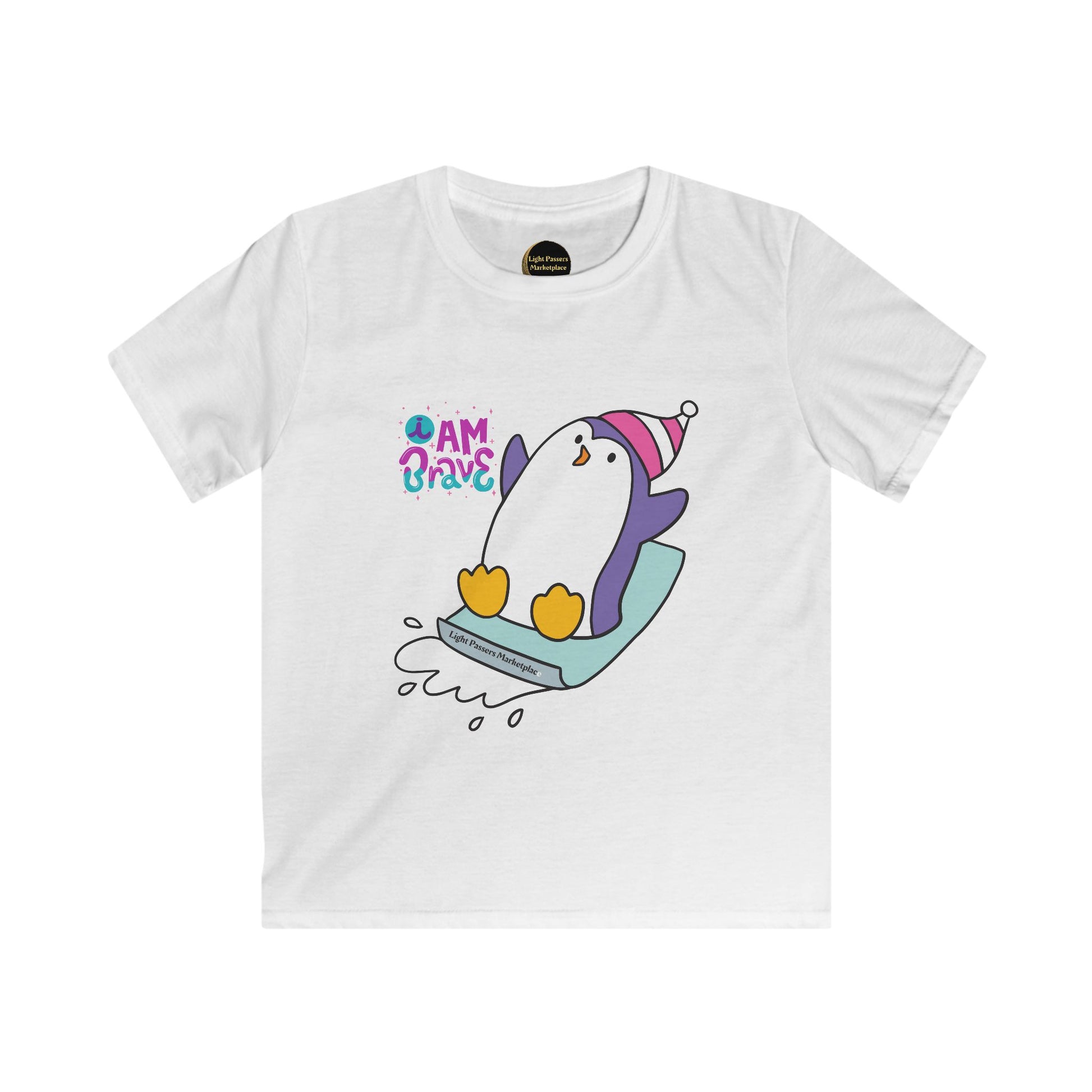 Kids wearing Love and Peace- I am Brave Penguin Youth T-shirt, displaying a playful penguin design, perfect for active play and expressing personality.