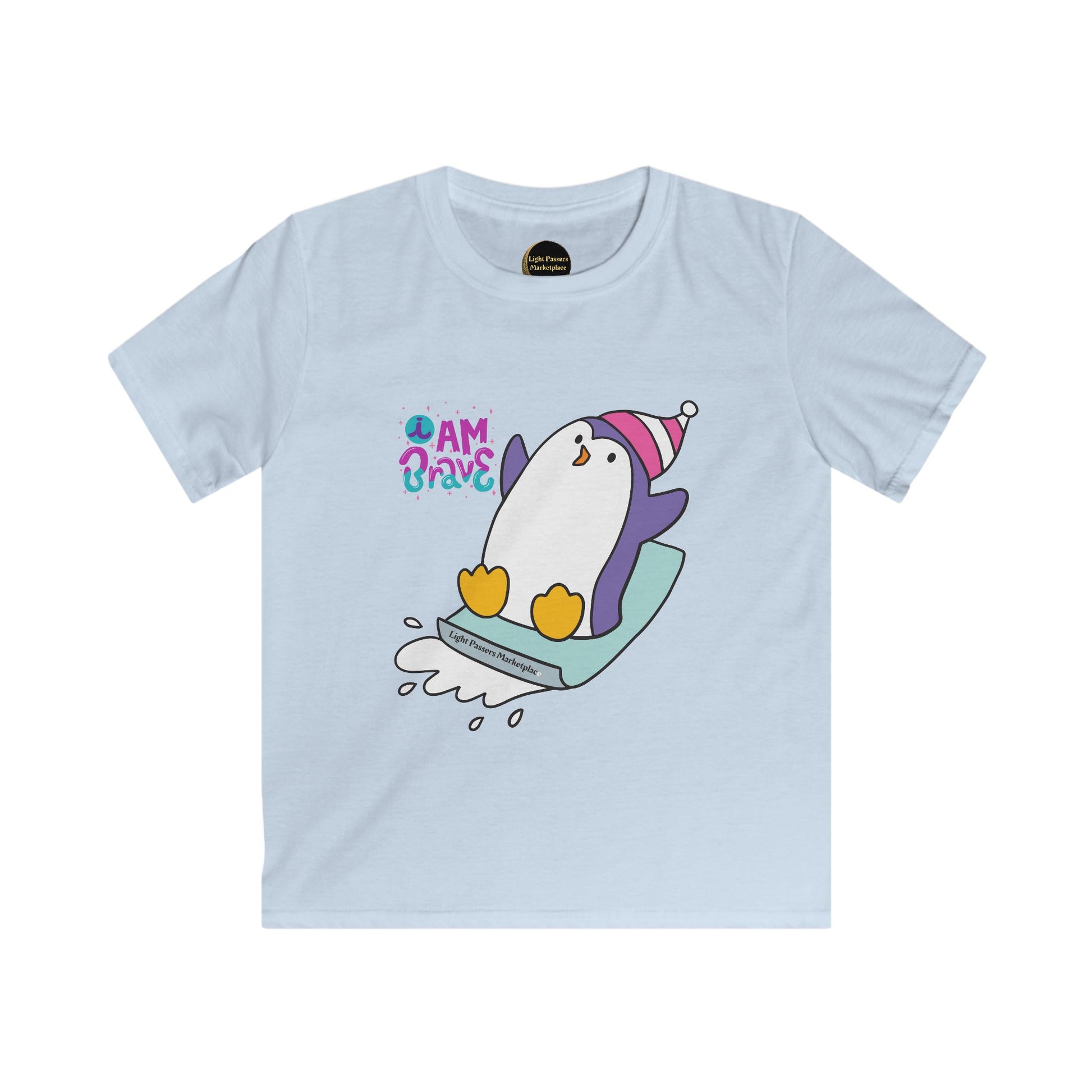 Kids Softstyle Tee with a playful penguin design, perfect for expressing personality and creativity. Ideal for animal-loving kids, offering comfort and vibrant style.