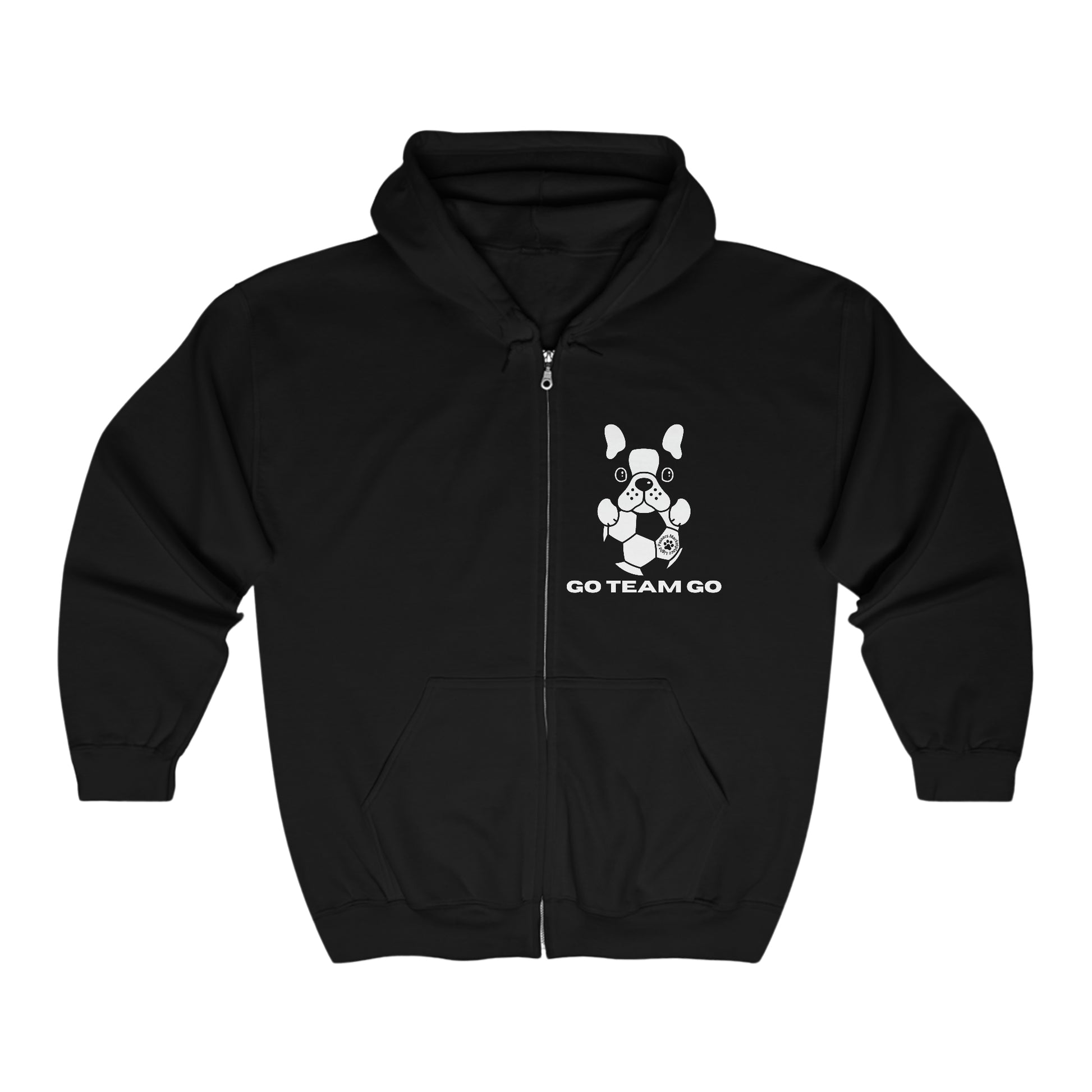 A black full zip hooded sweatshirt featuring a white dog with a football. Comfy blend of 50% cotton, 50% polyester, medium-heavy fabric, classic fit, and sewn-in label.