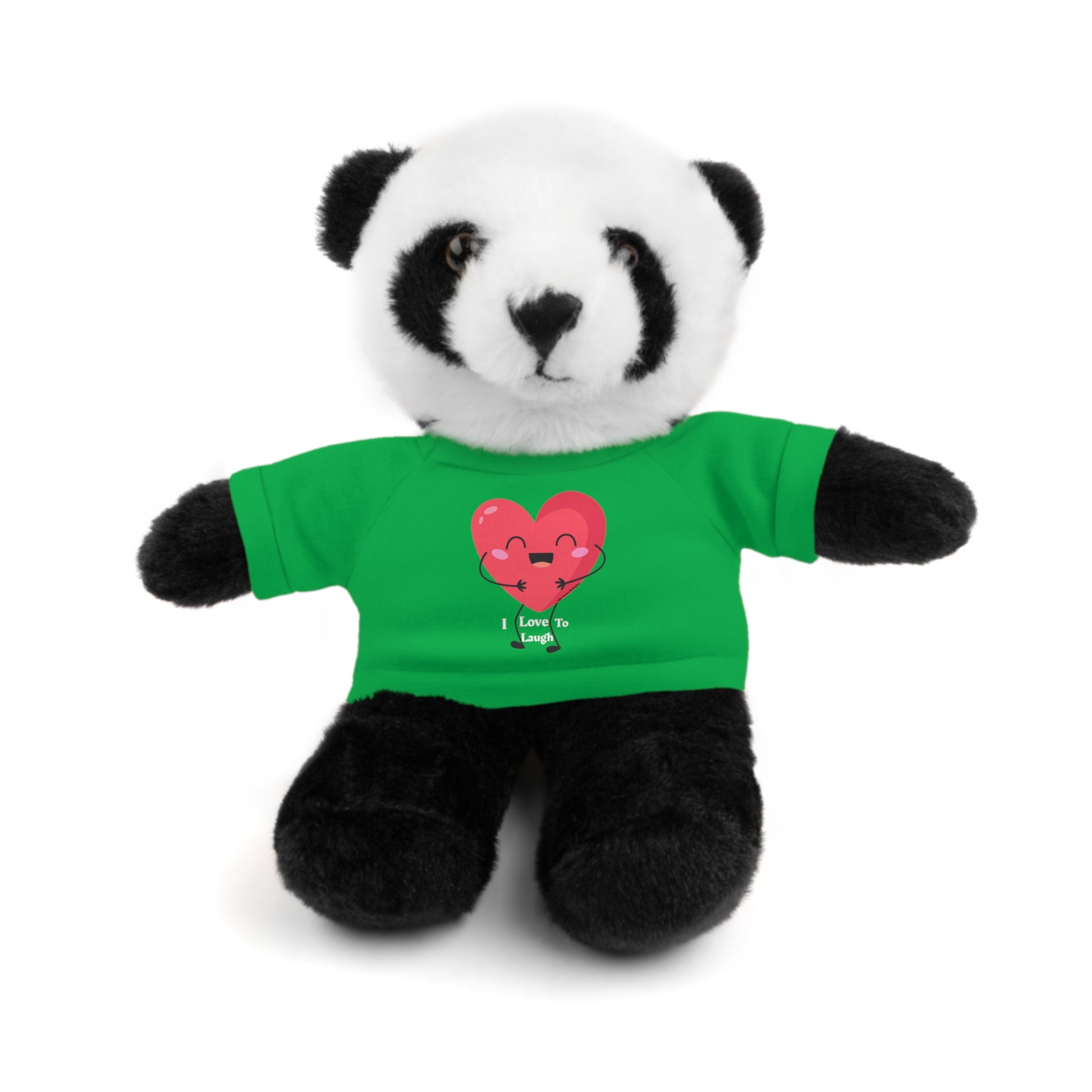 Stuffed panda bear wearing a removable green I Love to Laugh shirt from Cool Stuff Stuffies. Part of a collection featuring six different animals.
