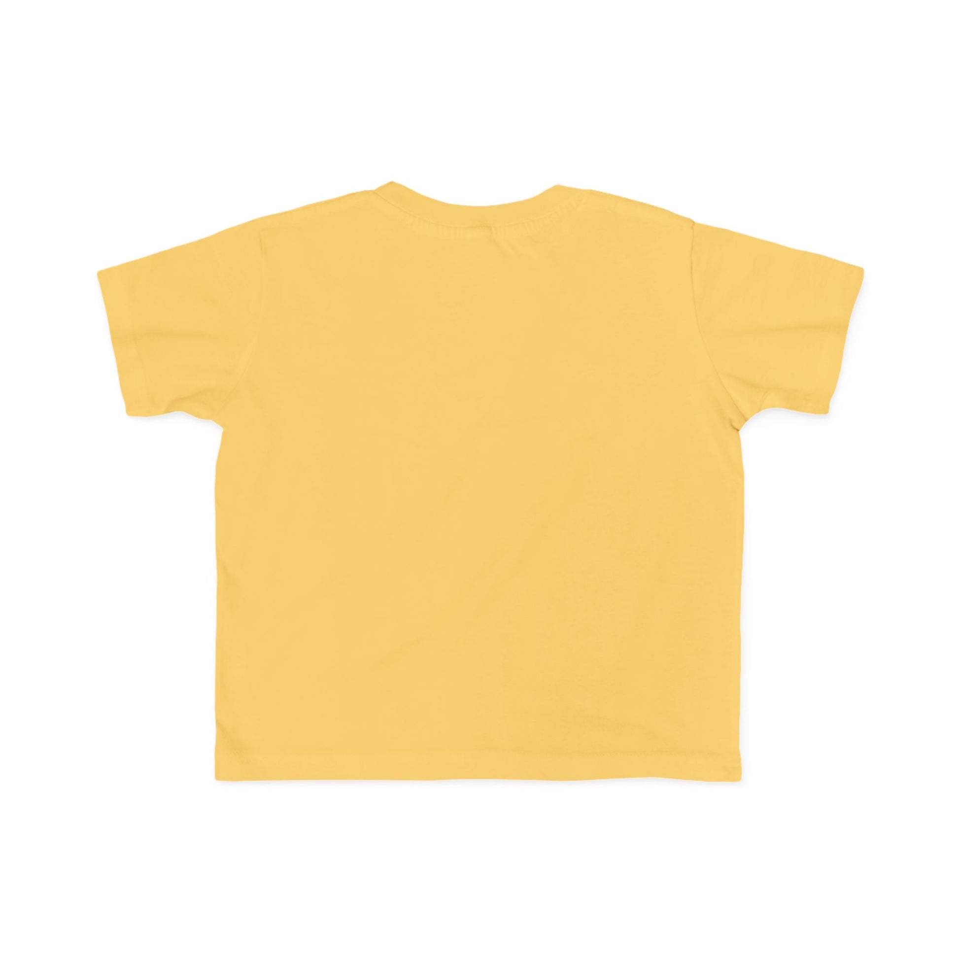 Peace Astronaut Toddler T-shirt, short-sleeved yellow tee laid flat, showcasing softness and durability, ideal for toddlers, crafted from 100% combed, ring-spun cotton.