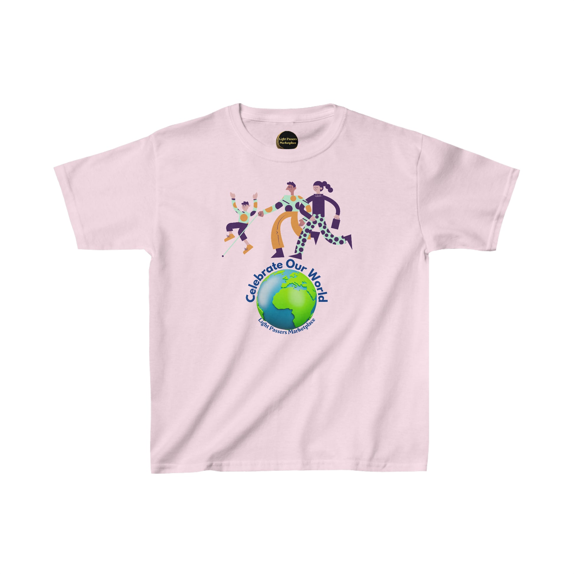 A white youth t-shirt featuring a joyful dance scene and globe motif. Made of 100% cotton, with twill tape shoulders for durability and ribbed collar for curl resistance. Ethically sourced and Oeko-Tex certified.