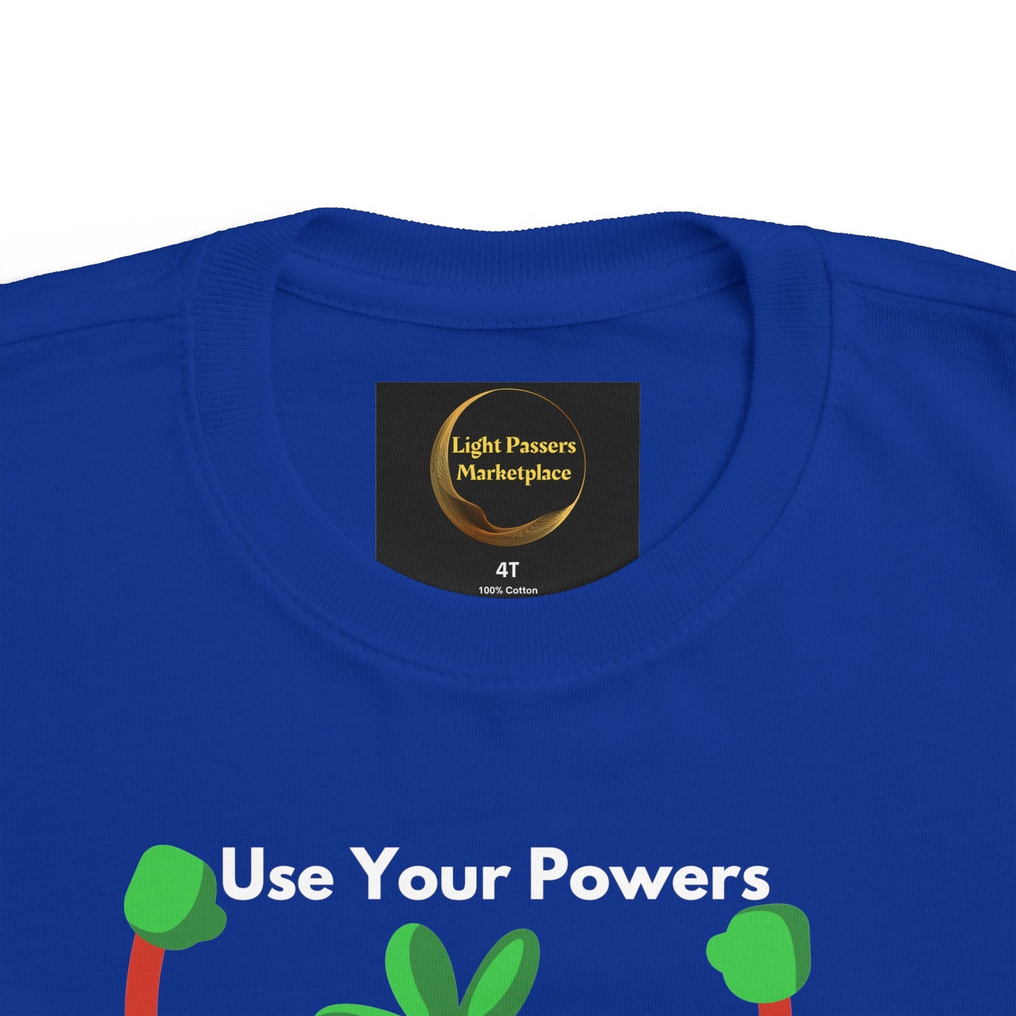 Health Tomato Power Toddler T-shirt, featuring Use Your Powers print and green leaf designs, with a soft, 100% cotton fabric ideal for sensitive skin.