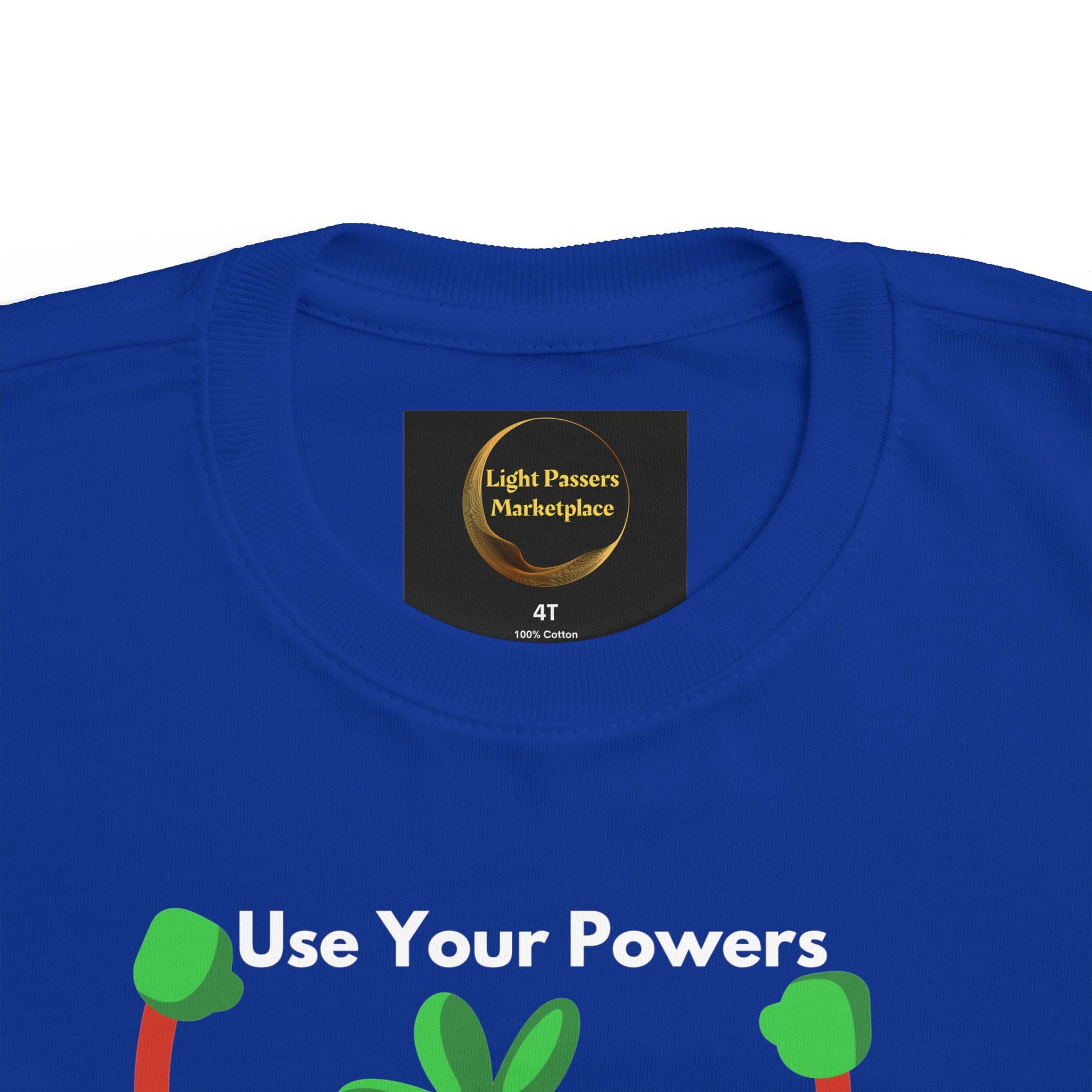 Health Tomato Power Toddler T-shirt, featuring Use Your Powers print and green leaf designs, with a soft, 100% cotton fabric ideal for sensitive skin.