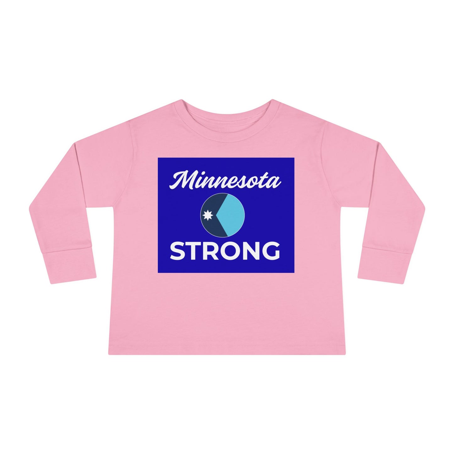 Toddler long-sleeve tee with Minnesota Strong graphic, featuring ribbed collar and cuffs, promoting community pride from Light Passers Marketplace.