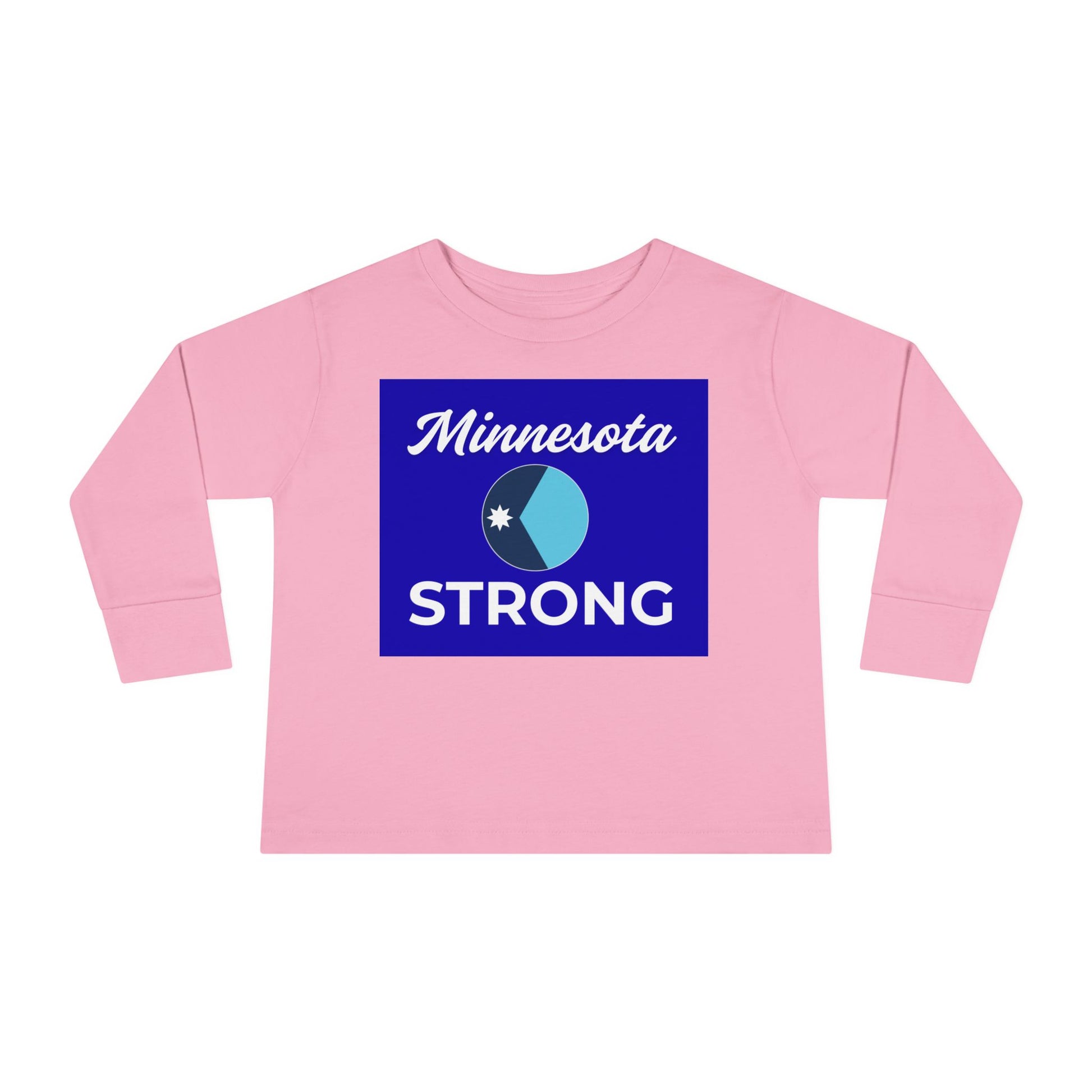 Toddler long-sleeve tee with Minnesota Strong graphic, featuring ribbed collar and cuffs, promoting community pride from Light Passers Marketplace.