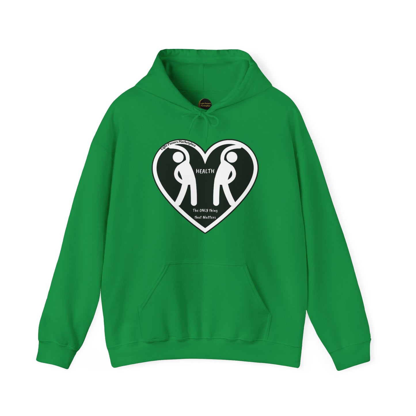 A green hooded sweatshirt featuring a heart and two people design, made of 50% cotton and 50% polyester for a cozy, warm feel. Includes a kangaroo pocket and color-matched drawstring for style.