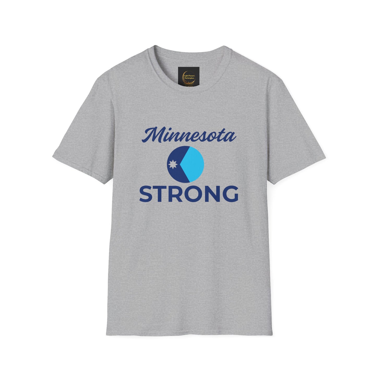 Light-gray T-shirt with Minnesota Strong print, featuring a blue emblem and star motif, embodying civic responsibility and support for American democracy.