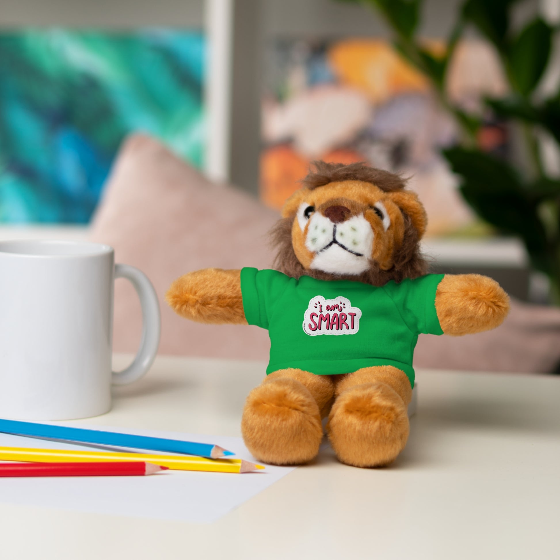 Cool Stuff Stuffies: Plushies of Bear, Sheep, Bunny, Jaguar, Panda, and Lion, each with an 'I am Smart' T-shirt, 8 tall, educational toy.