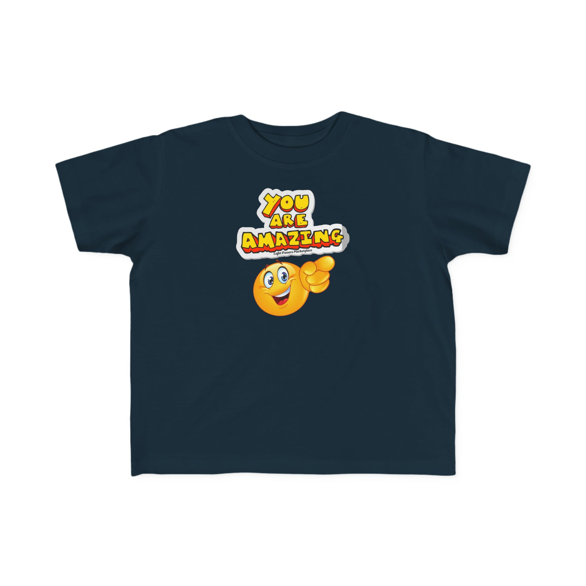 A blue toddler tee featuring an You are Amazing emoji pointing cartoon face print. Soft, high-quality 100% combed cotton, tear-away label, classic fit, ideal for sensitive skin.