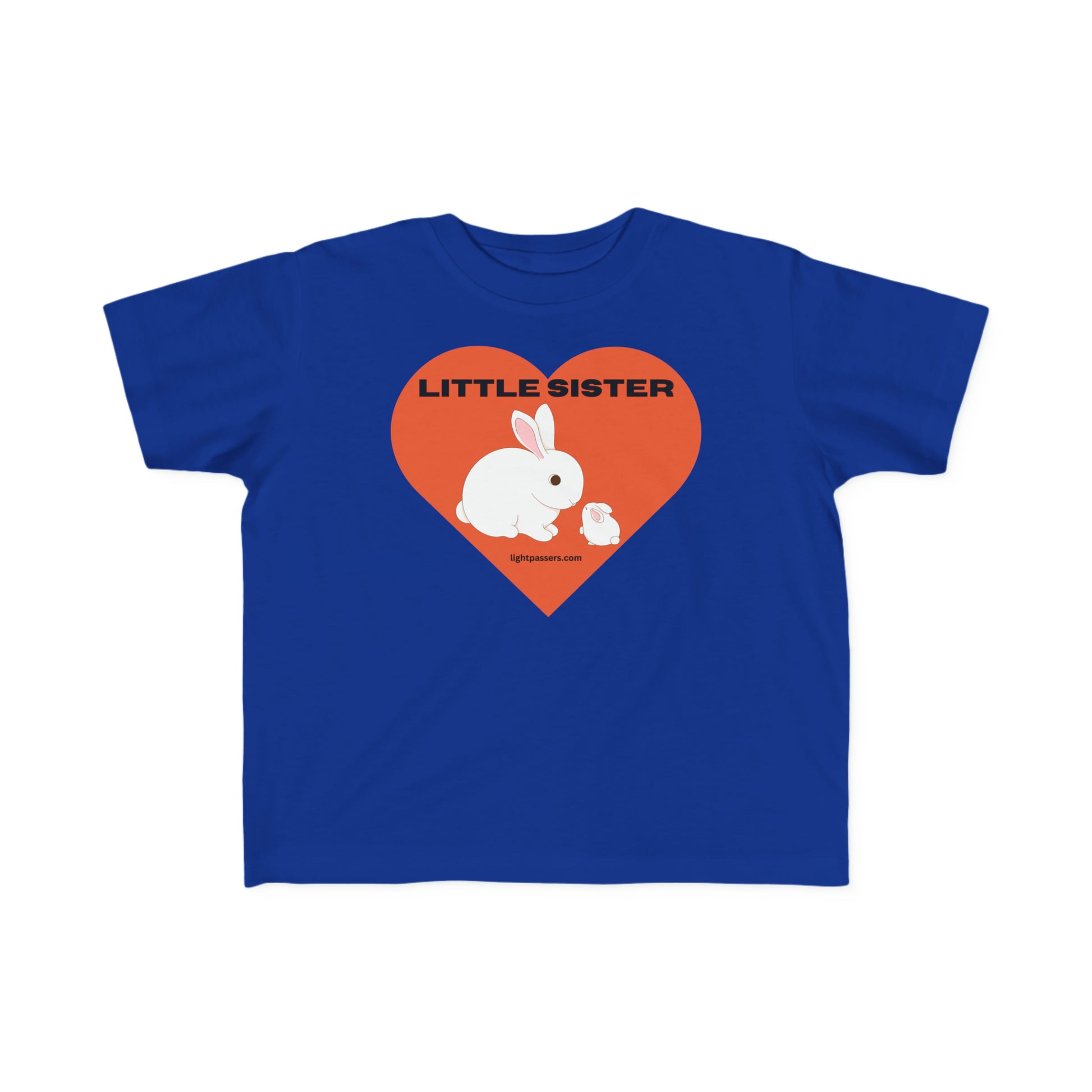 A Little Sister Toddler T-shirt featuring a blue shirt with a white rabbit and heart print. Made of 100% soft, ring-spun cotton, light fabric, and a tear-away label for comfort.