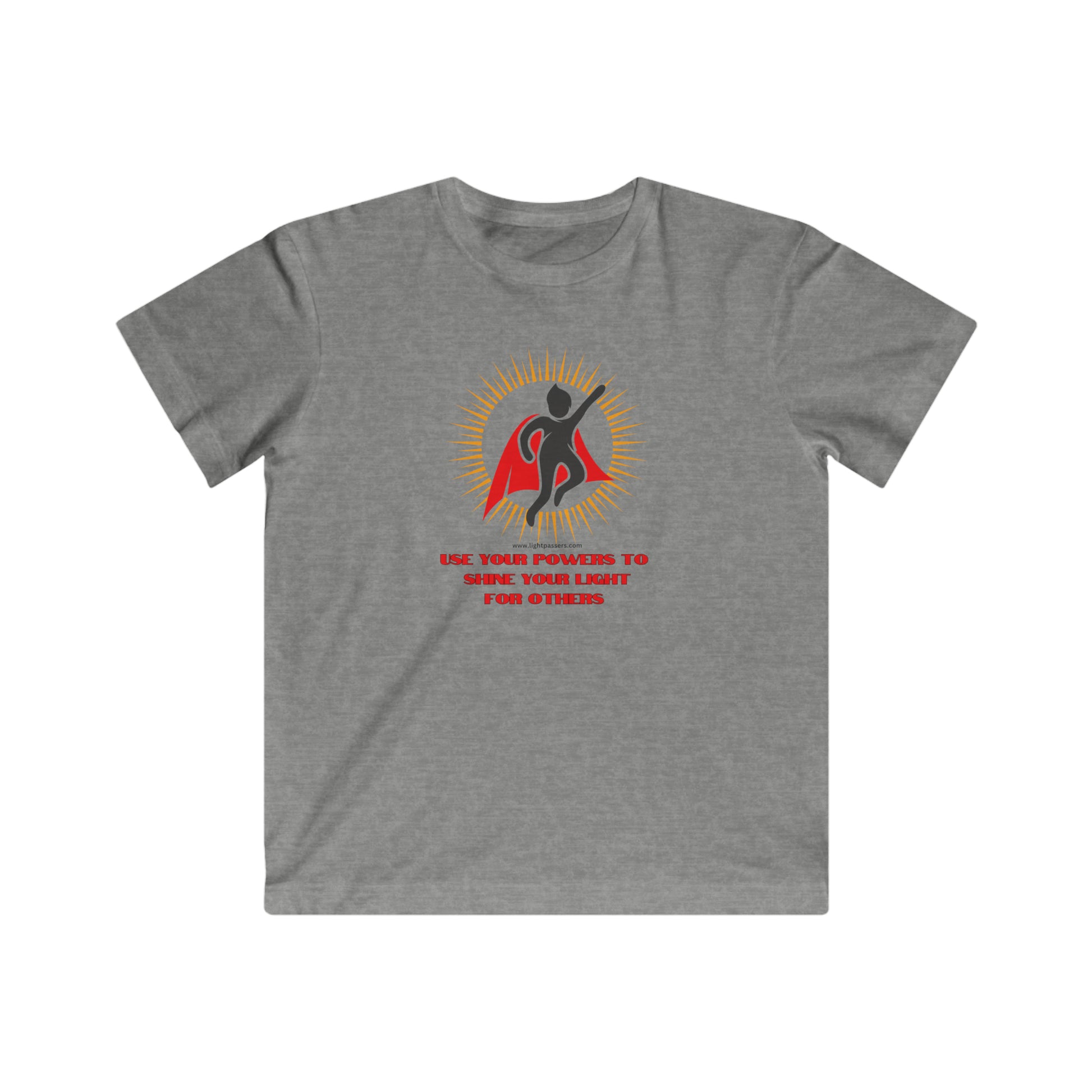 A grey youth t-shirt featuring Use Your Powers text, a person in a cape, and a logo. Made of soft cotton, light fabric, regular fit, tear away label, and loved for its high-quality print.