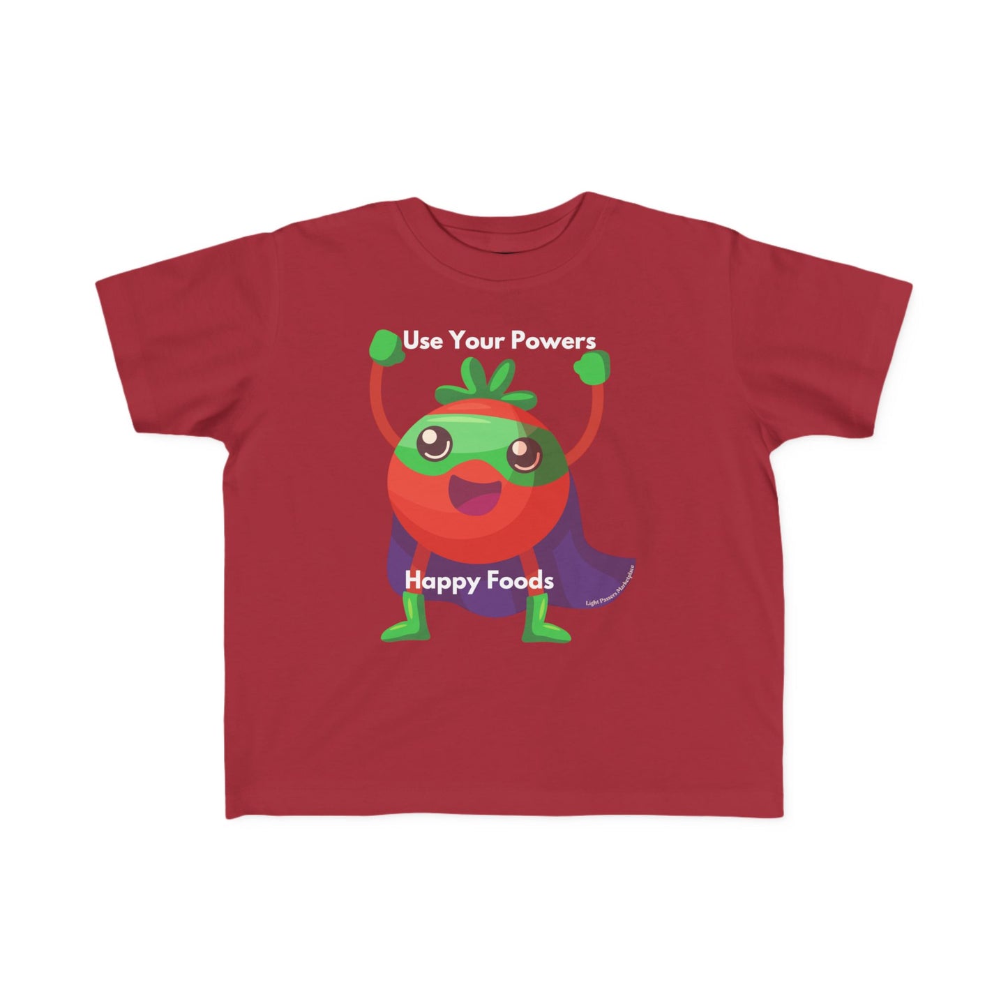 Health Tomato Power Toddler T-shirt features a cheerful superhero tomato with Use Your Powers slogan, crafted for comfort and durability, ideal for toddlers' adventures.
