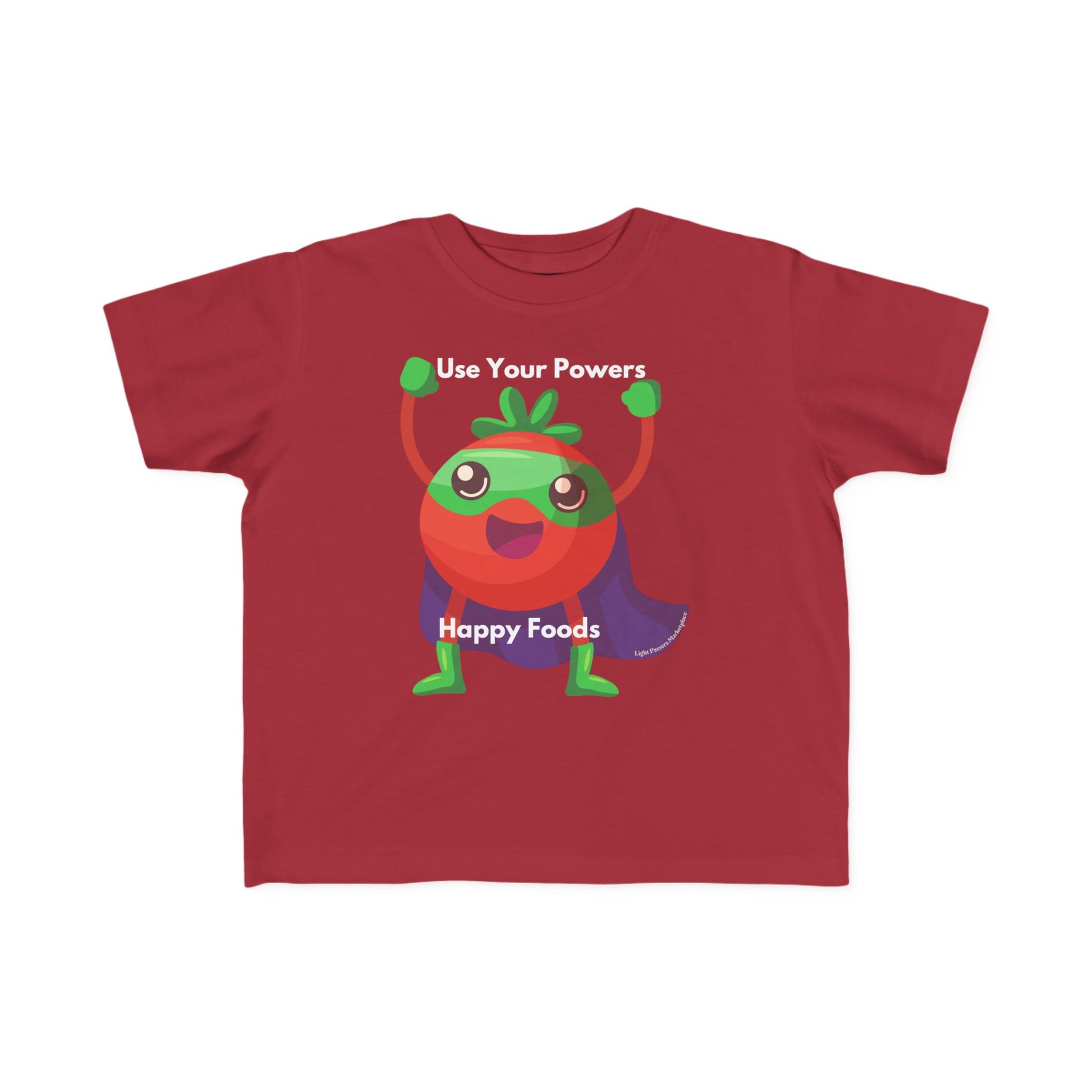 Health Tomato Power Toddler T-shirt features a cheerful superhero tomato with Use Your Powers slogan, crafted for comfort and durability, ideal for toddlers' adventures.