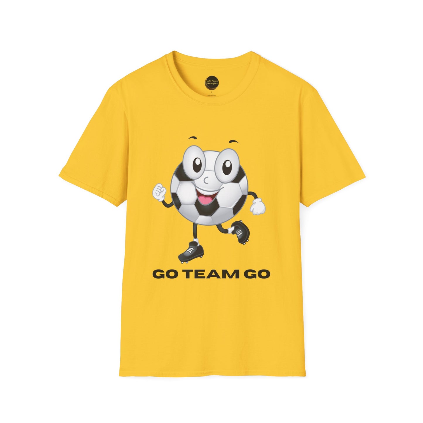 Adult Unisex Cute 'Go Team Go' Soccer T-Shirt — Soccer Ball Guy Cartoon SoccerTee (Great Gift)