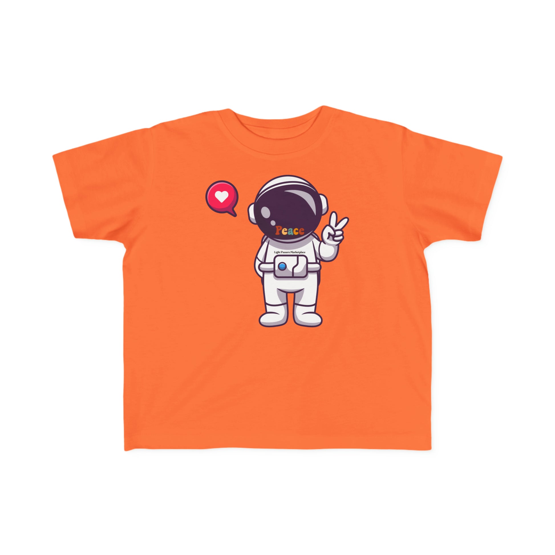 A toddler's Peace Astronaut T-shirt featuring a cartoon astronaut making a peace sign, with a heart in a chat bubble. Soft 100% combed cotton, durable print, tear-away label, classic fit.