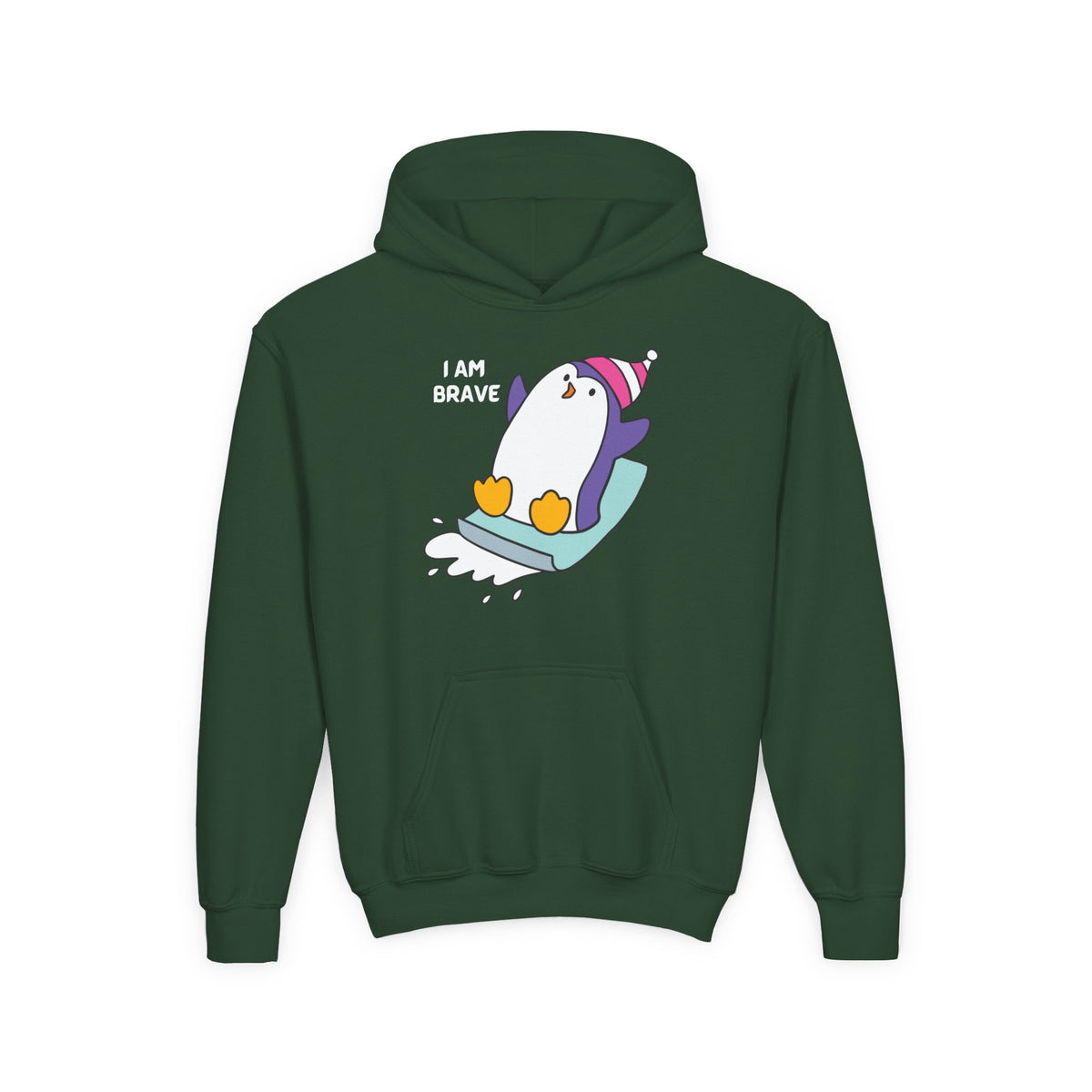 Brave Penguin Youth Hoodie – Cute Sledding Penguin "I Am Brave" Kids Sweatshirt